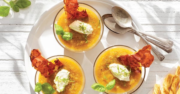Grilled Melon Gazpacho with Serrano Ham Chips & Mascarpone