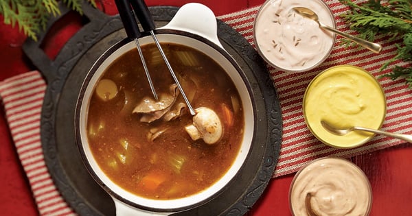 Christian Bégin's Homemade fondue broth and a trio of dipping sauces