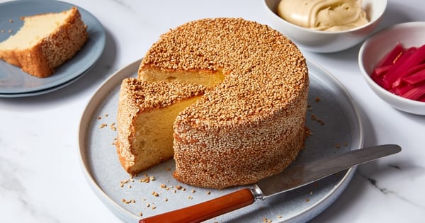 Tahini Chiffon Cake With Burnt Honey Cream and Poached Rhubarb