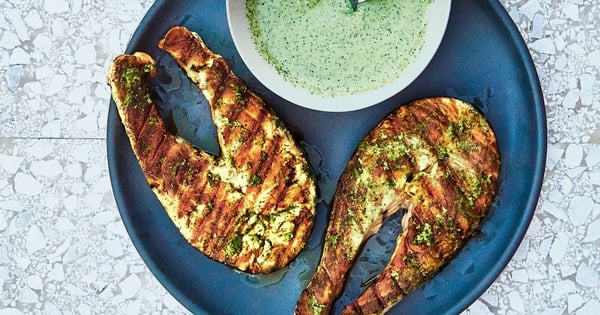 Grilled Salmon Steaks with Cilantro-Garlic Yogurt Sauce