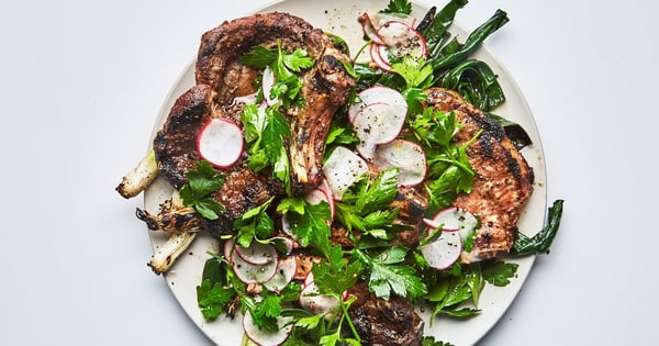 Pork Chops with Radishes and Charred Scallions