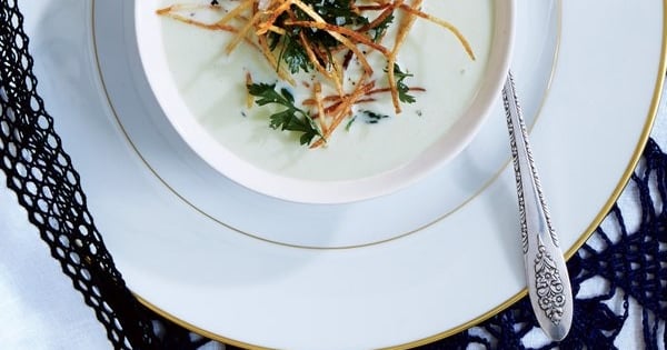 Leek Soup with Shoestring Potatoes and Fried Herbs