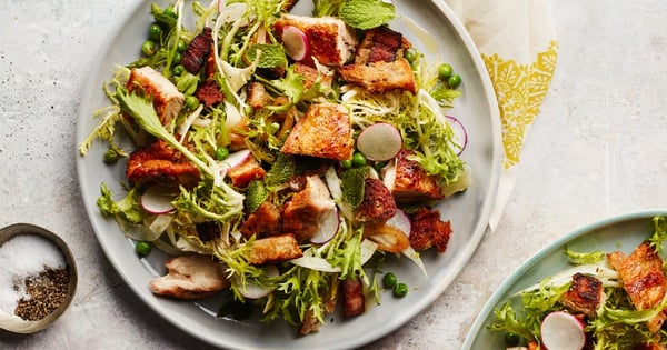 Spring Salad with Crispy Chicken and Bacony Croutons