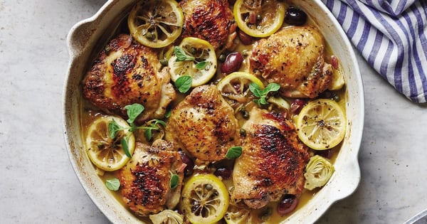 Crispy Chicken Stew with Lemon, Artichokes, Capers, and Olives