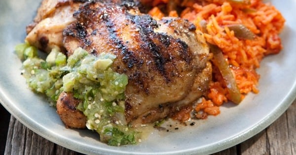 Cumin-Crusted Chicken Thighs with Grilled Tomatillo Salsa
