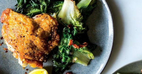 Crispy Chicken Thighs With Bacon and Wilted Escarole