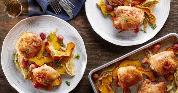 Sheet-Pan Cumin Chicken Thighs with Squash, Fennel, and Grapes