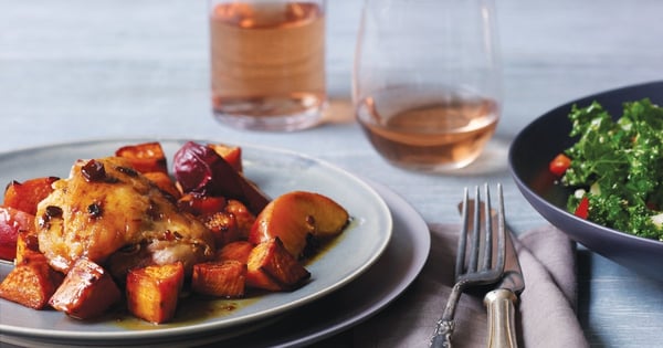 Chile Jam Chicken With Caramelized Sweet Potatoes and Peaches