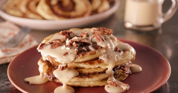 Cinnamon Bun Pancakes with Maple Cream Cheese Glaze