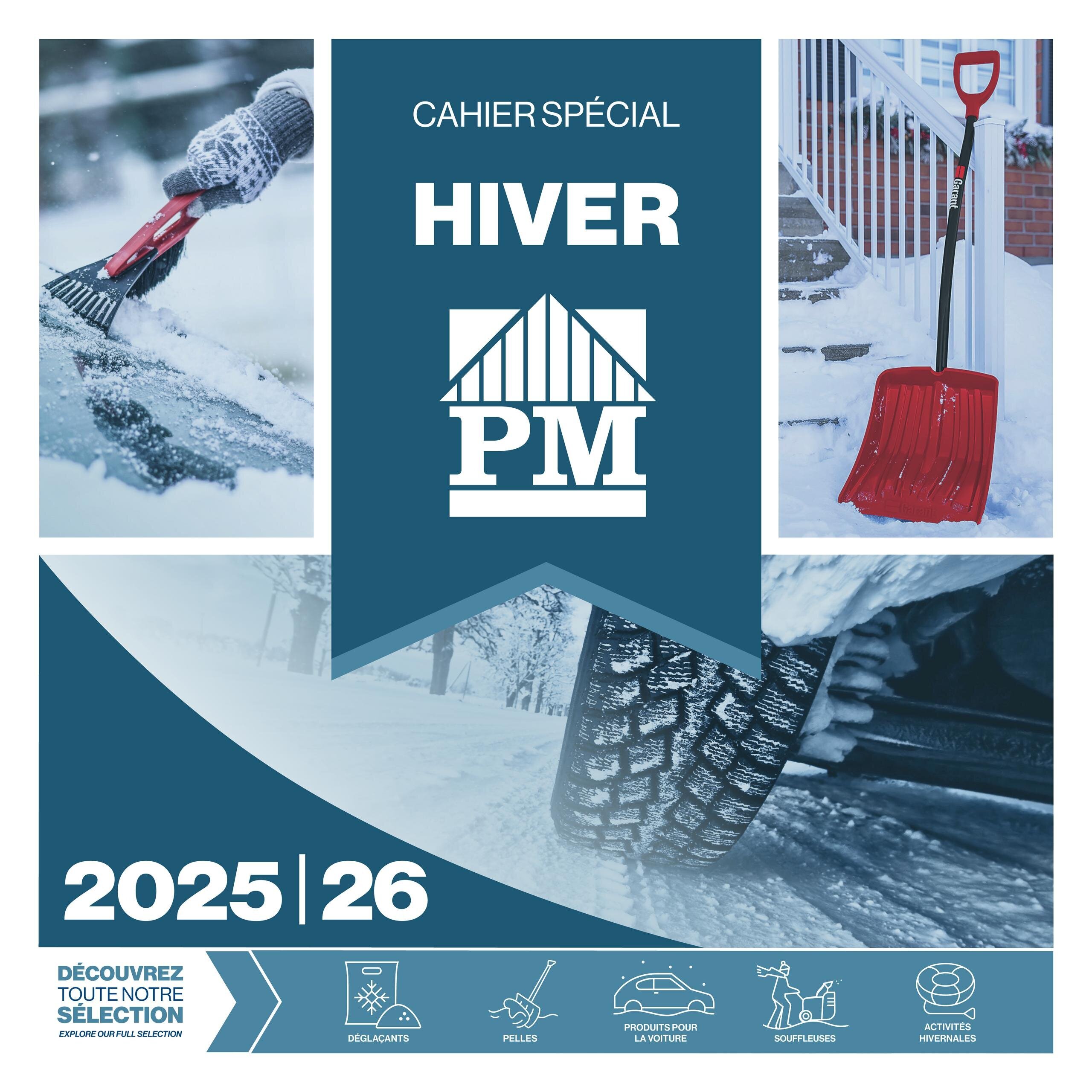 Patrick Morin Winter Catalog 2025-2026 cover page. Features images of winter activities and products, including a hand using an ice scraper on a car windshield, a red snow shovel by a house entrance, and a car tire in the snow. The cover announces 'Special Winter Catalog' and displays the Patrick Morin logo. It also includes icons representing de-icing products, shovels, car products, snow blowers, and winter activities. Text includes 'Discover our full selection' and the years '2025 | 26'.