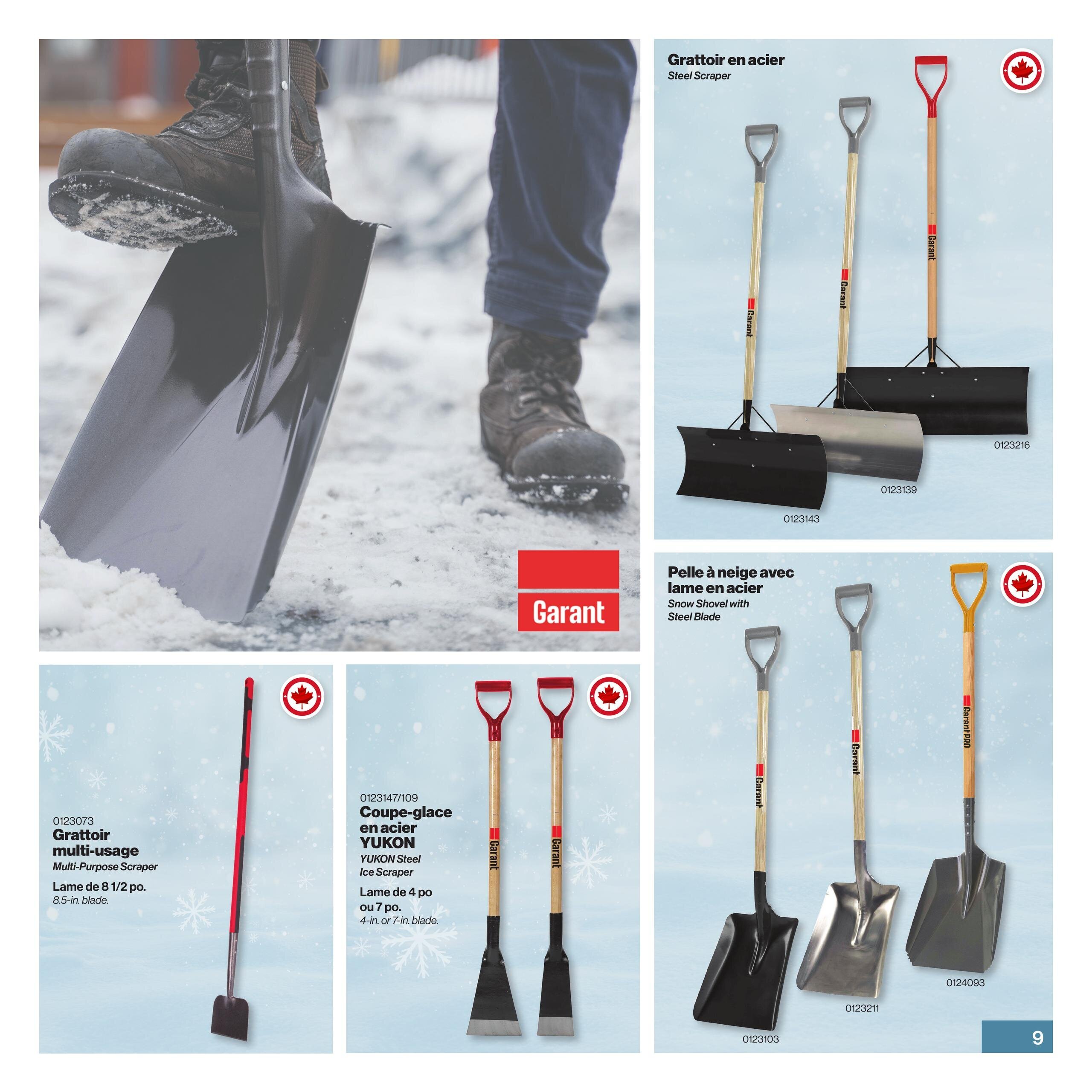 Patrick Morin Winter Catalog, page 9. Features a variety of snow removal tools. Top right shows steel scrapers with wooden handles and D-grips, including a wider scraper with a black blade (item 0123143) and a silver blade (item 0123139), and a narrower scraper (item 0123216). Below that are snow shovels with steel blades and wooden handles: a black shovel (item 0123103), a silver shovel (item 0123211), and a dark grey shovel (item 0124093). The bottom left features a multi-purpose scraper with an 8.5-inch blade (item 0123073). The bottom middle section displays YUKON steel ice scrapers with 4-inch or 7-inch blades (item 0123147/109).