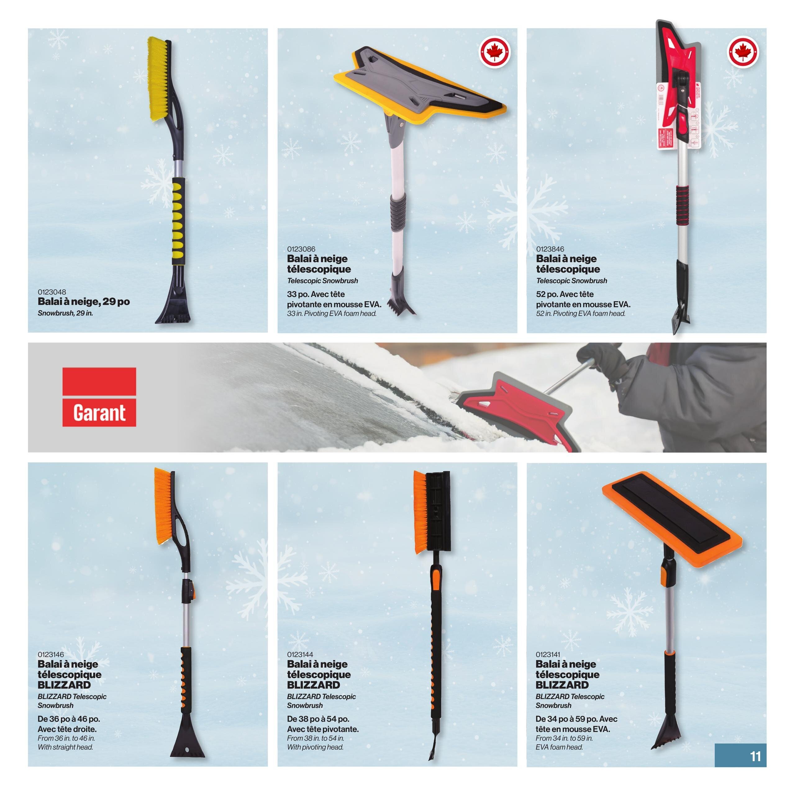 Patrick Morin Winter Catalog, Page 11. Features various snowbrushes and scrapers. Includes a 29-inch snowbrush (0123048). Also shows a 33-inch telescopic snowbrush with a pivoting EVA foam head (0123086), a 52-inch telescopic snowbrush with a pivoting EVA foam head (0123846), a BLIZZARD telescopic snowbrush from 36 to 46 inches with a straight head (0123146), a BLIZZARD telescopic snowbrush from 38 to 54 inches with a pivoting head (0123144), and a BLIZZARD telescopic snowbrush from 34 to 59 inches with an EVA foam head (0123141). A red Garant logo is also visible.