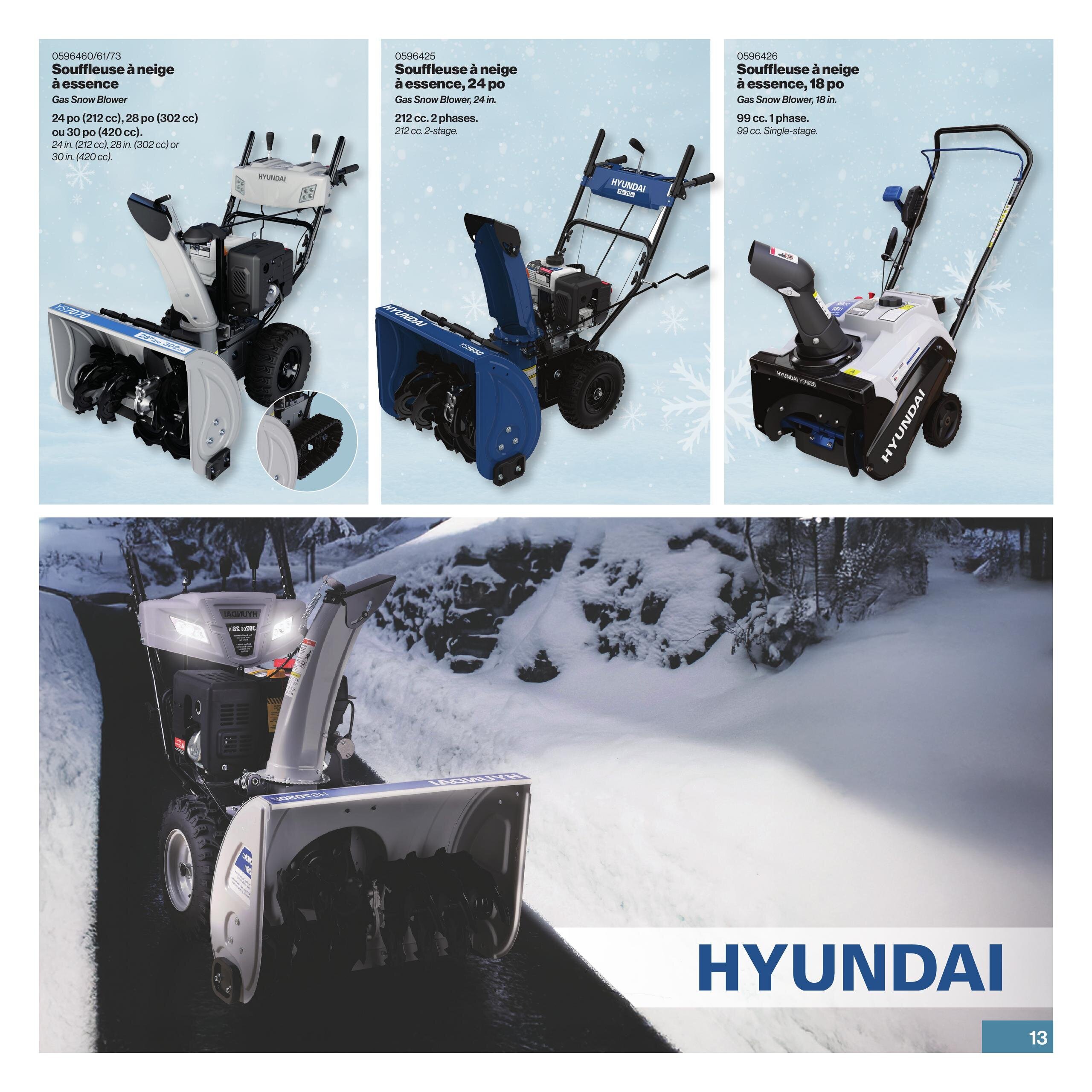 Patrick Morin Winter Catalog, Page 13. Features Hyundai gas snow blowers. Top left: Hyundai gas snow blower, available in 24 in. (212 cc), 28 in. (302 cc), or 30 in. (420 cc). Middle: Hyundai gas snow blower, 24 in. width, 212 cc, 2-stage. Right: Hyundai gas snow blower, 18 in. width, 99 cc, single-stage. The bottom of the page shows a large image of a Hyundai snow blower in a snowy environment with headlights on, and the Hyundai logo. Page number 13 is visible.