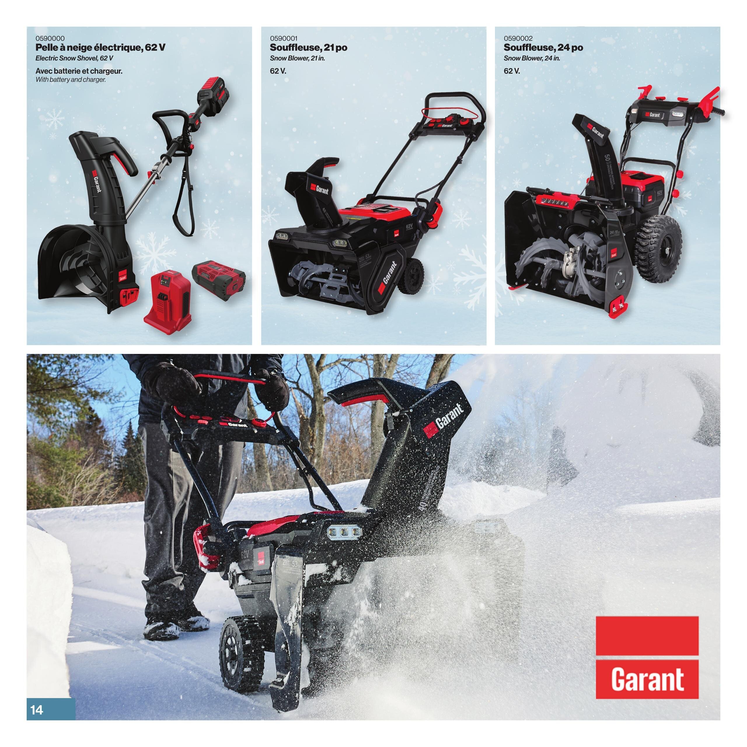 Patrick Morin Winter Catalog, page 14, features Garant snow blowers. Top left: 62V Electric Snow Shovel with battery and charger. Top middle: 62V, 21-inch Snow Blower. Top right: 62V, 24-inch Snow Blower. The bottom of the page shows a large image of a person using a Garant snow blower in the snow, with the Garant logo prominently displayed.