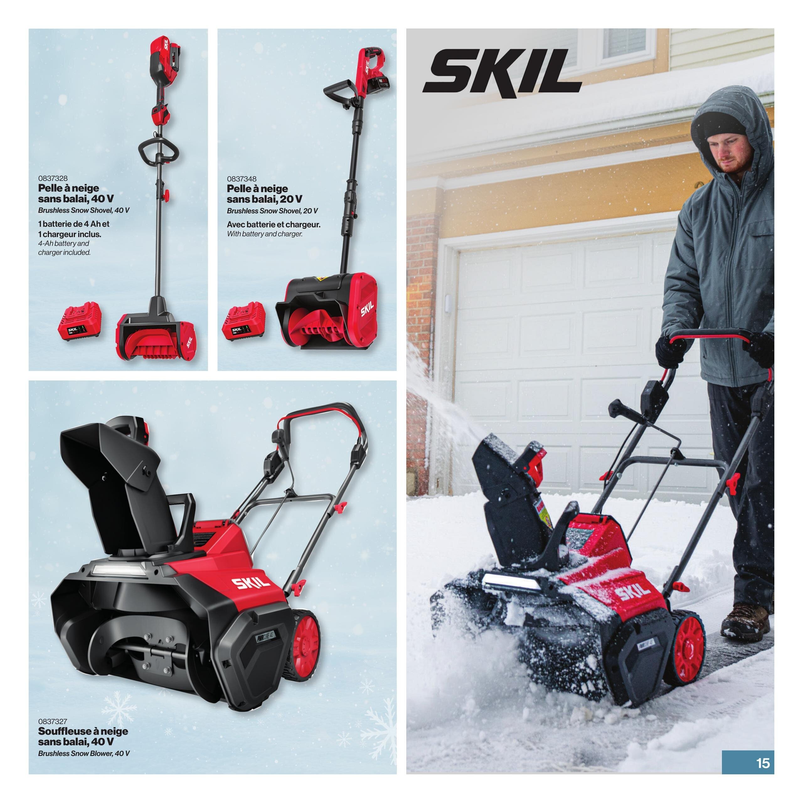 Patrick Morin Winter Catalog, page 15. Features SKIL brand snow removal equipment. On the left, a SKIL 40 V Brushless Snow Shovel (item 0837328) is shown with one 4 Ah battery and charger included. Next to it is a SKIL 20 V Brushless Snow Shovel (item 0837348) with battery and charger included. Below these, a SKIL 40 V Brushless Snow Blower (item 0837327) is displayed. The right side of the page shows a person operating a SKIL snow blower in a snowy driveway.