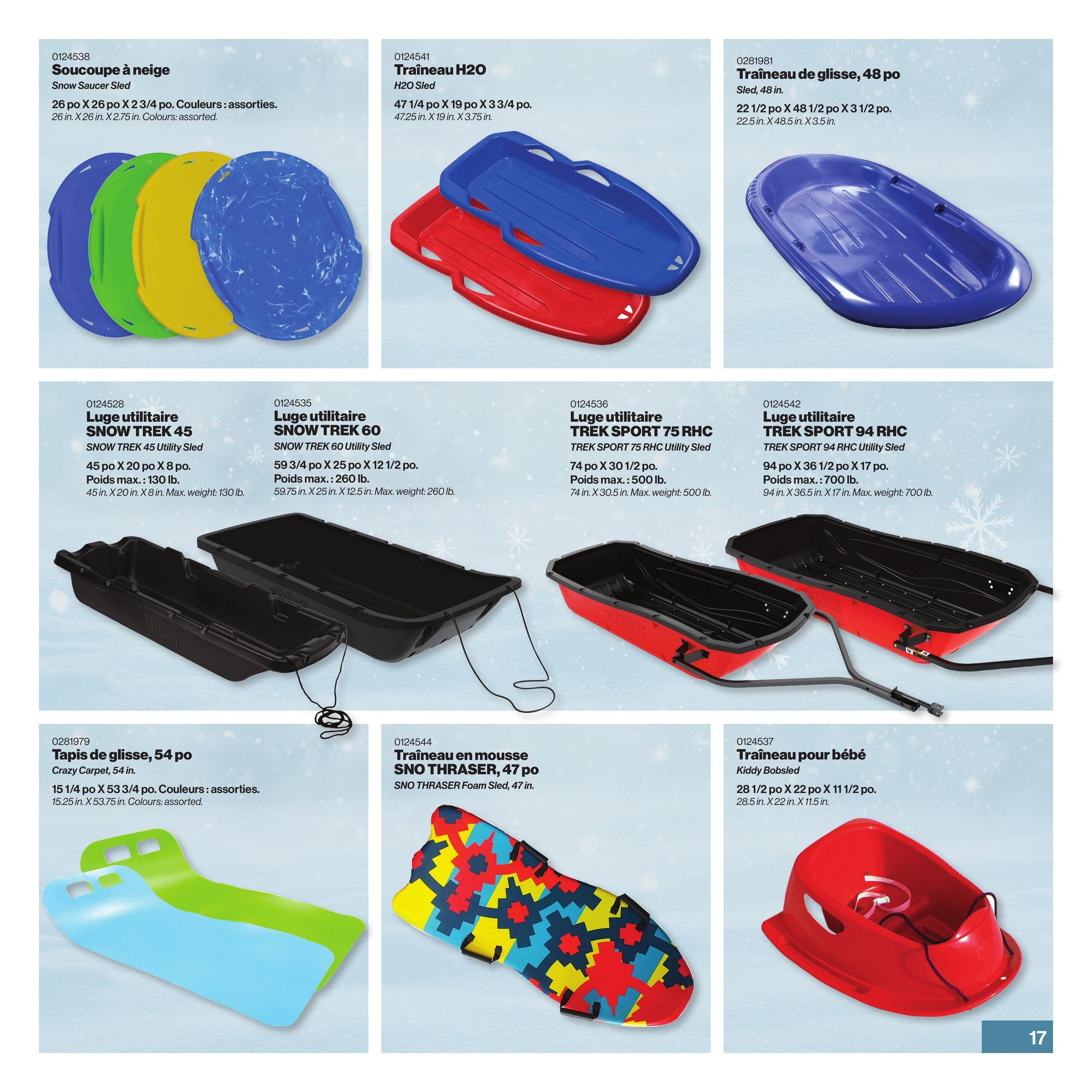 Patrick Morin Winter Catalog, Page 17. Features various sleds including a 26-inch Snow Saucer Sled in assorted colours, a 47-inch H2O Sled in red and blue, and a 48-inch Sled. Also shown are the SNOW TREK 45 Utility Sled (45 in. x 20 in. x 8 in., max weight 130 lb), SNOW TREK 60 Utility Sled (59.75 in. x 25 in. x 12.5 in., max weight 260 lb), TREK SPORT 75 RHC Utility Sled (74 in. x 30.5 in., max weight 500 lb), and TREK SPORT 94 RHC Utility Sled (94 in. x 36.5 in. x 17 in., max weight 700 lb). Additional items include a 54-inch Crazy Carpet sled in assorted colours, a SNO THRASER Foam Sled (47 in.) with a colourful geometric pattern, and a red Kiddy Bobsled (28.5 in. x 22 in. x 11.5 in.).