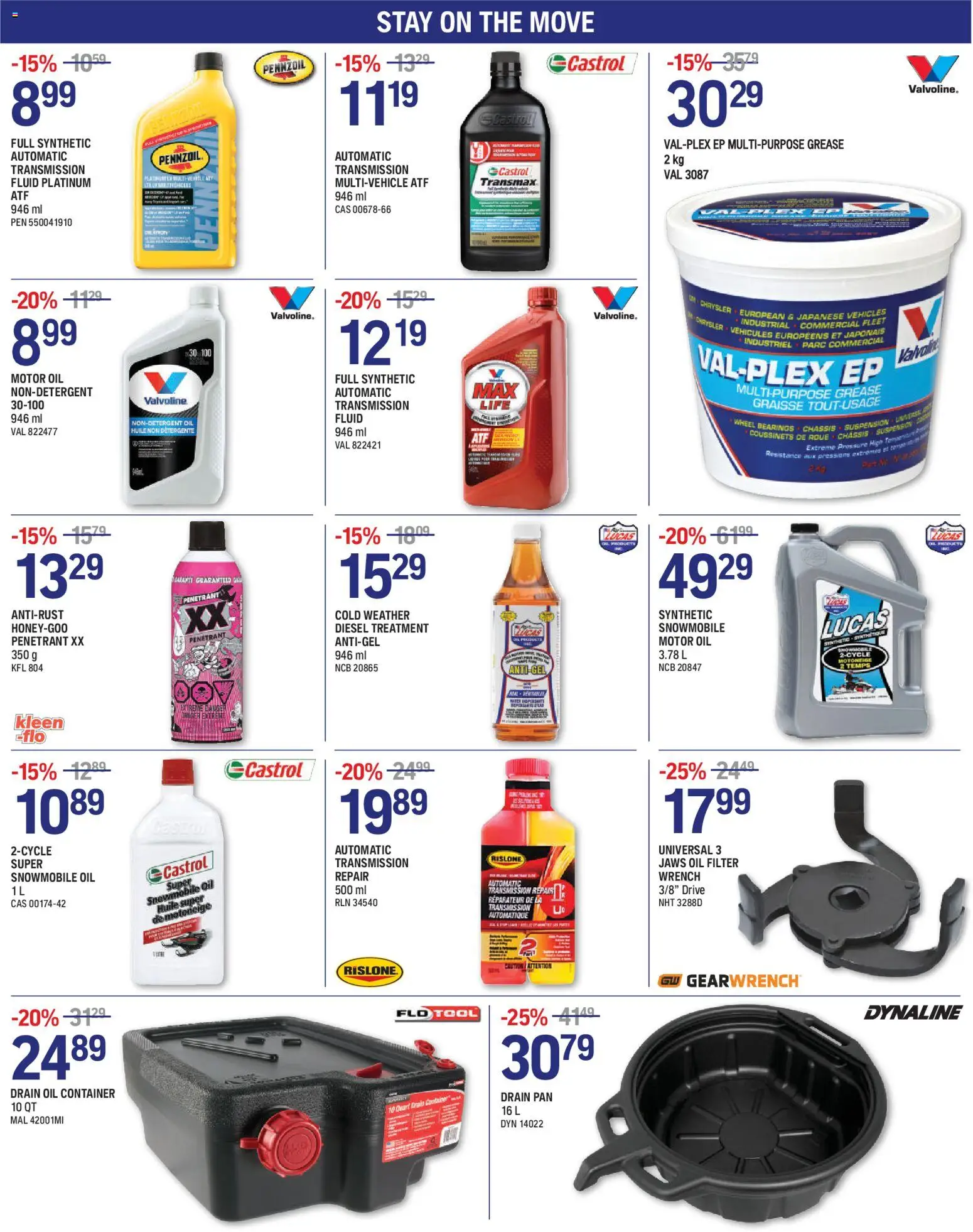 NAPA Auto Parts flyer page 2 features automotive fluids and tools. Save on Pennzoil Full Synthetic Automatic Transmission Fluid Platinum ATF 946 ml for $8.99 (15% off). Castrol Automatic Transmission Multi-Vehicle ATF 946 ml is $11.19 (15% off). Valvoline Premium Blue Extreme Full Synthetic Automatic Transmission Fluid 946 ml is $12.19 (20% off). Val-Plex EP Multi-Purpose Grease 2 kg is $30.29. Valvoline Motor Oil Non-Detergent 30-100 946 ml is $8.99 (20% off). Max Life Full Synthetic Automatic Transmission Fluid 946 ml is $12.19. Lucas Synthetic Snowmobile Motor Oil 3.78 L is $49.29 (20% off). Kleen-Flo Anti-Rust Honey-Goo Penetrant XX 350 g is $13.29 (15% off). Castrol Cold Weather Diesel Treatment Anti-Gel 946 ml is $15.29 (15% off). Castrol 2-Cycle Super Snowmobile Oil 1 L is $10.89 (15% off). Rislone Automatic Transmission Repair 500 ml is $19.89 (20% off). GearWrench Universal 3 Jaws Oil Filter Wrench 3/8' Drive is $17.99 (25% off). Flo Tool Drain Oil Container 10 QT is $24.89 (20% off). Dynaline Drain Pan 16 L is $30.79 (25% off).