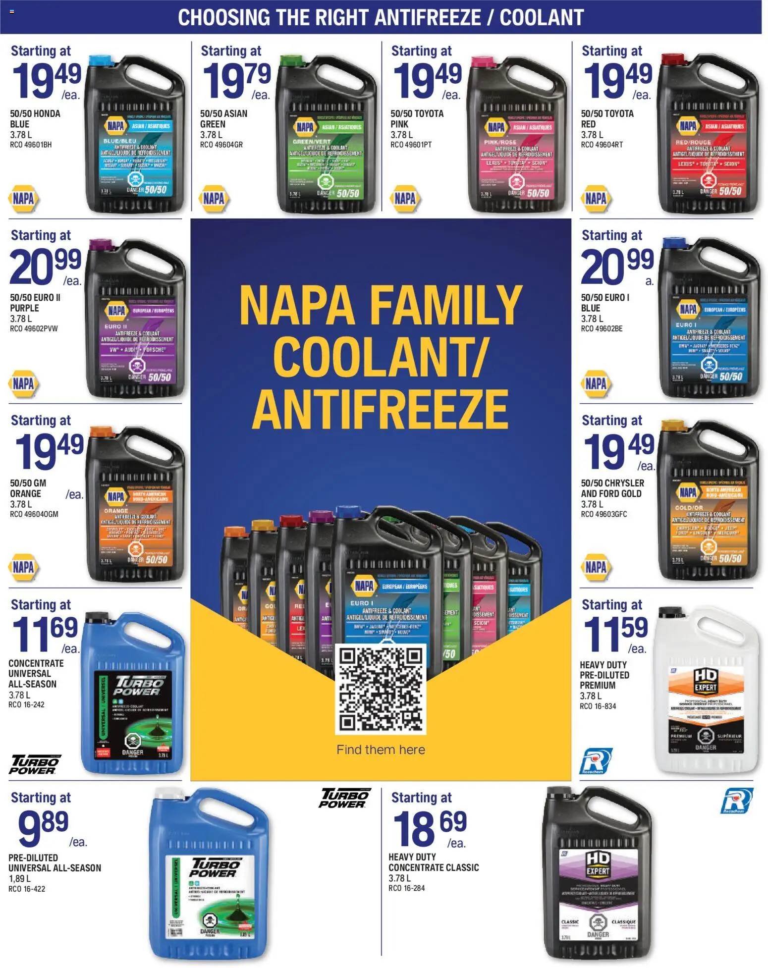 NAPA Auto Parts flyer page 3 features a selection of antifreeze and coolant products. Offers include 50/50 Honda Blue, 50/50 Asian Green, 50/50 Toyota Pink, and 50/50 Toyota Red, all starting at $19.49 per 3.78 L jug. Also available is 50/50 Euro II Purple starting at $20.99 per 3.78 L. Other NAPA Family Coolant/Antifreeze options are shown. Additionally, Turbo Power Concentrate Universal All-Season 3.78 L is available starting at $11.69, and Pre-Diluted Universal All-Season 1.89 L is starting at $9.89. Heavy Duty Pre-Diluted Premium 3.78 L is starting at $11.59, and Heavy Duty Concentrate Classic 3.78 L is starting at $18.69.