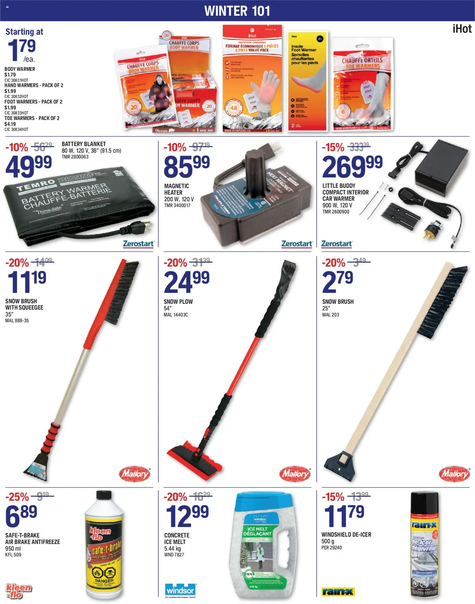 NAPA Auto Parts flyer page 6 featuring winter essentials. Starting at $1.79 for Body Warmers, Hand Warmers (pack of 2) for $1.99, Foot Warmers (pack of 2) for $1.99, and Toe Warmers (pack of 2) for $4.19. Also available is a Temro Battery Blanket for $49.99 (56% off $56.29). A Magnetic Heater (200 W, 120 V) is on sale for $85.99 (10% off $97.19). The Little Buddy Compact Interior Car Warmer (900 W, 120 V) is priced at $269.99 (15% off $333.39). Other deals include a 35' Snow Brush with Squeegee for $11.19 (20% off $14.09), a 54' Snow Plow for $24.99 (20% off $31.39), and a 25' Snow Brush for $2.79 (20% off $3.49). Additionally, Safe-T-Brake Air Brake Antifreeze (950 ml) is $6.89 (25% off $9.19). Windsor Concrete Ice Melt (5.44 kg) is $12.99 (20% off $16.29), and Rain-X Windshield De-Icer (500 g) is $11.79 (15% off $13.99).
