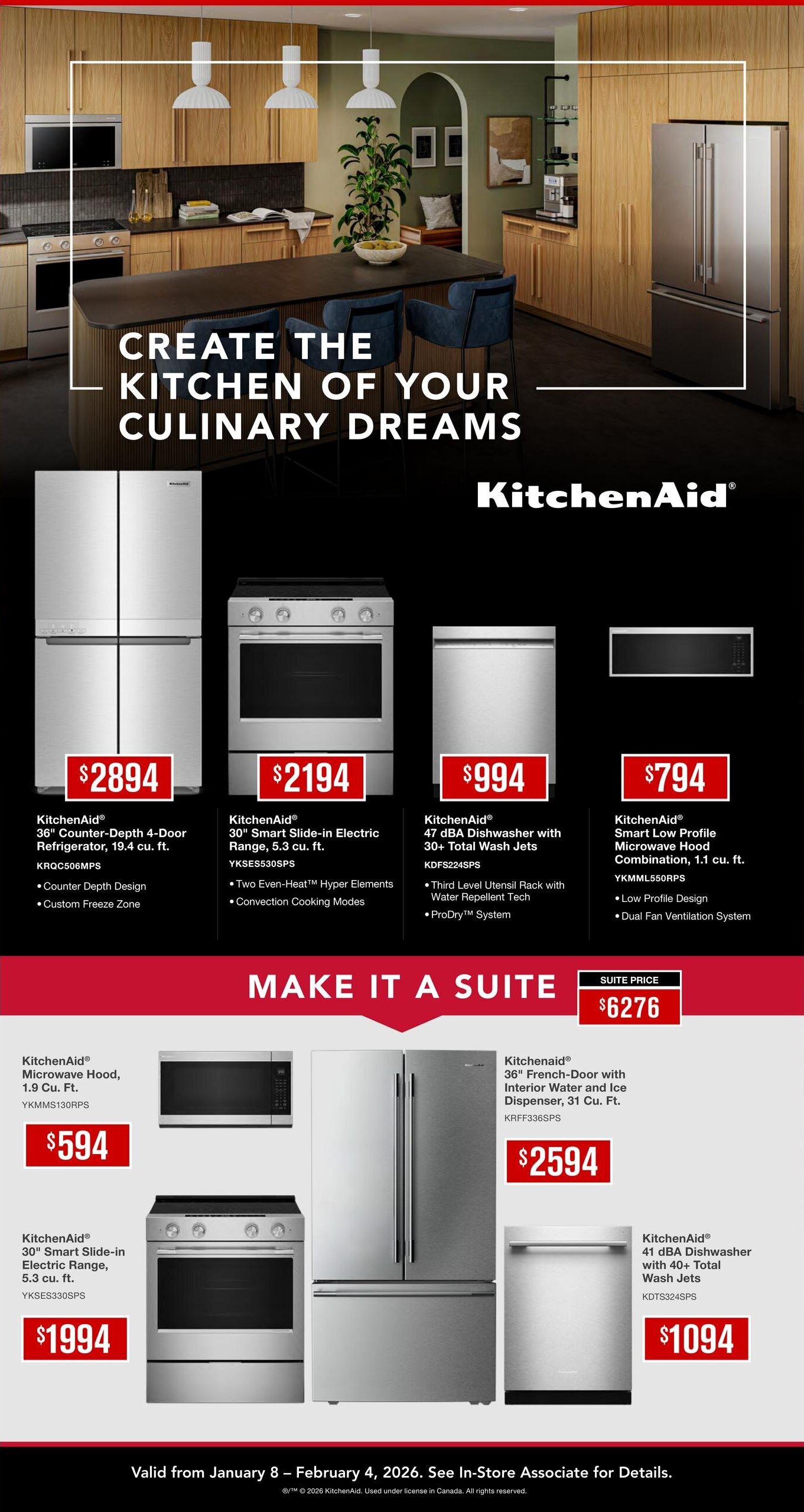 K-W Appliance Plus flyer, page 6, featuring KitchenAid appliances. Create the kitchen of your culinary dreams with featured products including a KitchenAid 36' Counter-Depth 4-Door Refrigerator for $2894, a KitchenAid 30' Smart Slide-in Electric Range for $2194, a KitchenAid 47 dBA Dishwasher with Total Wash Jets for $994, and a KitchenAid Smart Low Profile Microwave Hood Combination for $794. Also available are a KitchenAid Microwave Hood, 1.9 Cu. Ft. for $594, a KitchenAid 30' Smart Slide-in Electric Range for $1994, a KitchenAid 36' French-Door Refrigerator with Interior Water and Ice Dispenser for $2594, and a KitchenAid 41 dBA Dishwasher with 40+ Total Wash Jets for $1094. Build your dream suite with a special suite price of $6276. This flyer is valid from January 8 - February 4, 2026.
