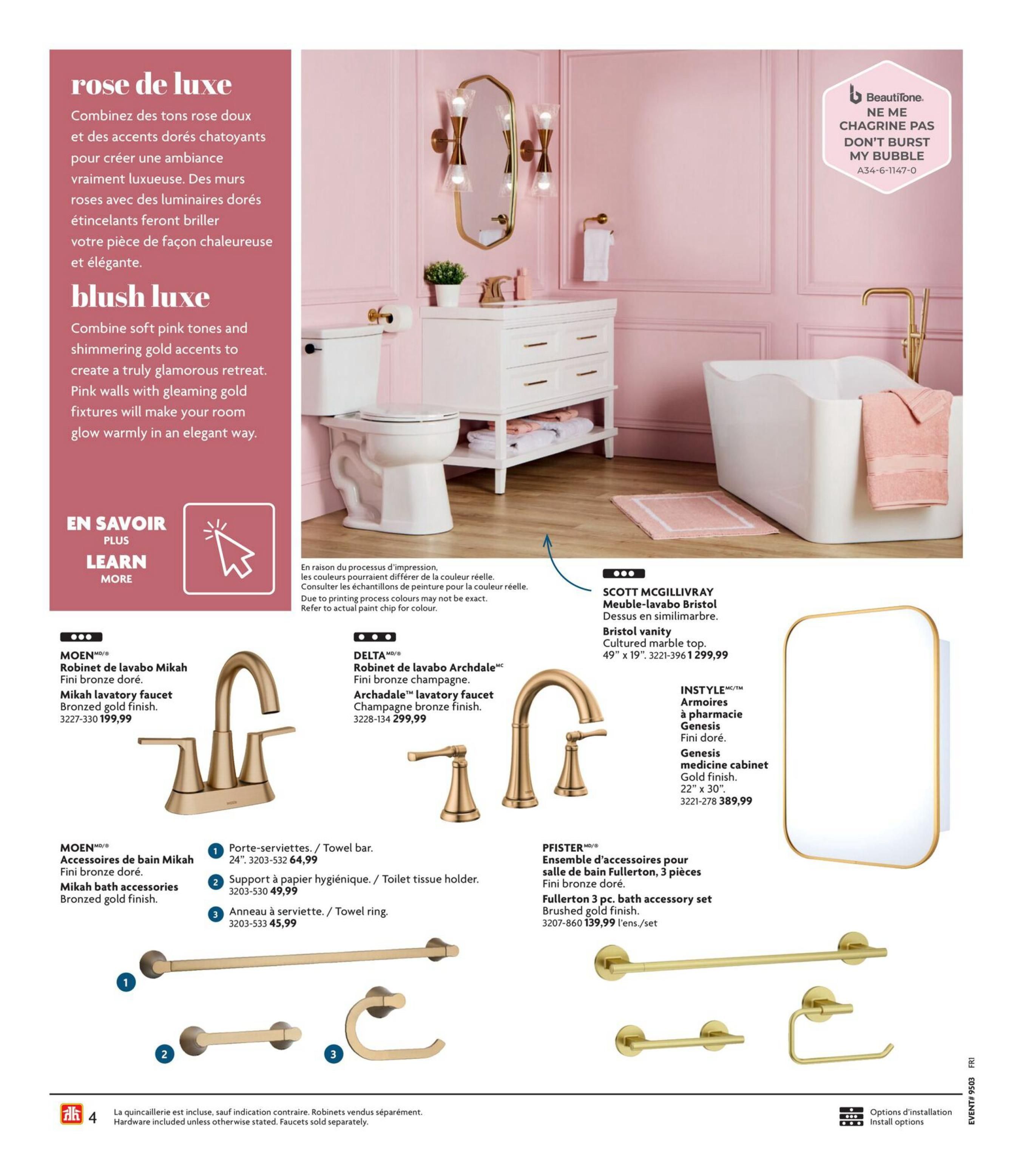 Home Hardware Kitchen and Bath Catalogue, Page 4. This page showcases a luxurious pink and gold bathroom theme. Featured products include the MOEN Mikah lavatory faucet in bronzed gold finish for $199.99, and MOEN Mikah bath accessories in bronzed gold finish, including a 24' towel bar for $64.99, a toilet tissue holder for $49.99, and a towel ring for $45.99. Also available is the DELTA Archdale lavatory faucet in champagne bronze finish for $299.99. The SCOTT MCGILVRAY Bristol vanity with cultured marble top (49' x 19') is priced at $1299.99. The Genesis medicine cabinet by INSTYLE in gold finish (22' x 30') is $389.99. Additionally, a Pfister Fullerton 3-piece bath accessory set in brushed gold finish is available for $139.99 per set. The page also highlights Beautitone paint colour 'Don't Burst My Bubble'.