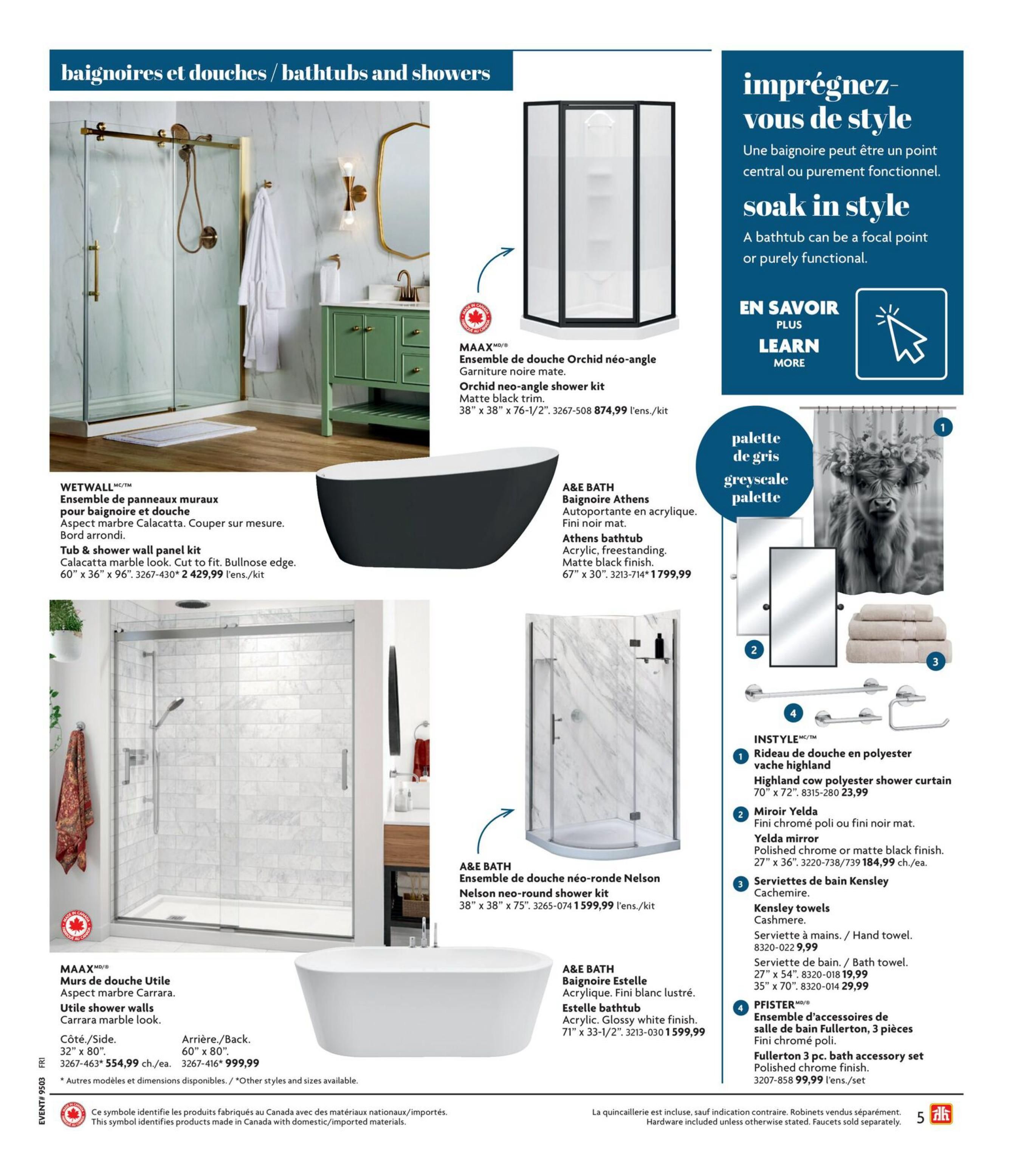 Home Hardware Kitchen and Bath Catalogue page 5 features bathtubs and showers. Products include the WETWALL tub & shower wall panel kit in Calacatta marble look for $2,429.99 per kit, the MAAX Orchid neo-angle shower kit with matte black trim for $874.99 per kit, and the A&E BATH Athens freestanding bathtub in acrylic with a matte black finish for $1,799.99. Also shown are the A&E BATH Nelson neo-round shower kit for $1,599.99 per kit, and the MAAX Utile shower walls in Carrara marble look, with side panels at $554.99 each and back panels at $999.99 each. Accessories include the INSTYLE Highland cow polyester shower curtain for $23.99, Yeldam mirrors in polished chrome or matte black finish for $184.99 each, Kensley cashmere hand towels for $9.99 and bath towels for $19.99 and $29.99, and the PFISTER Fullerton 3-piece bath accessory set in polished chrome for $99.99 per set. A section titled 'Soak in style' discusses bathtubs as focal points or functional pieces. The page also features a greyscale palette graphic and a shower curtain with a highland cow image.