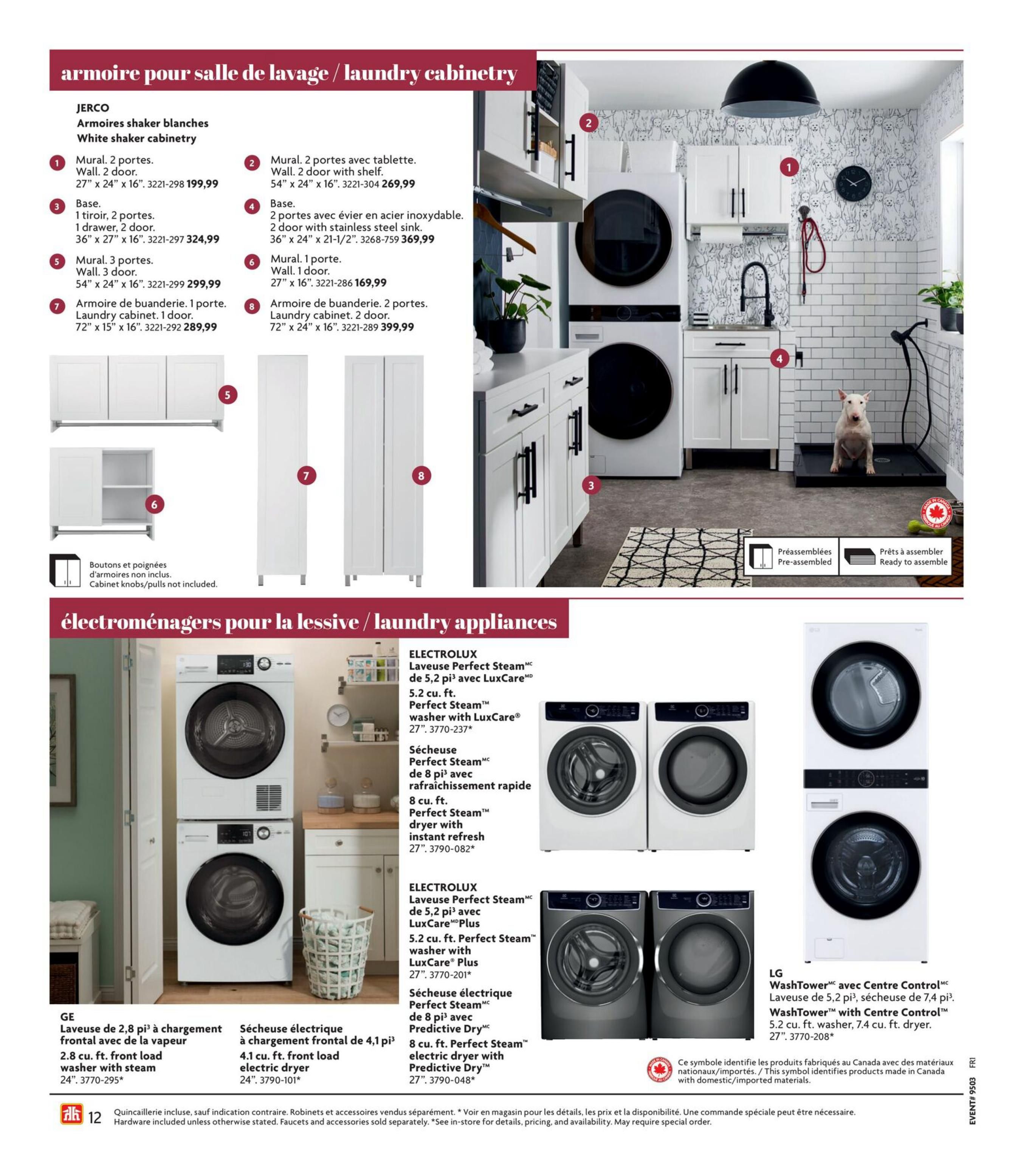 Home Hardware Kitchen and Bath Catalogue page 12 features JercO white shaker cabinetry including a 2-door wall cabinet for $199.99, a 2-door wall cabinet with shelf for $269.99, a 2-door base cabinet for $324.99, a 2-door base cabinet with stainless steel sink for $369.99, a 3-door wall cabinet for $299.99, and a 1-door wall cabinet for $169.99. Also shown are laundry cabinets: a 1-door laundry cabinet for $289.99 and a 2-door laundry cabinet for $399.99. Cabinet knobs and pulls are sold separately. The page also showcases laundry appliances: an Electrolux Perfect Steam washer (5.2 cu. ft.) with LuxCare for $3770-237 and a Perfect Steam dryer with instant refresh (8 cu. ft.) for $3790-082. Additionally, there is an Electrolux Perfect Steam Plus washer (5.2 cu. ft.) with LuxCare Plus for $3770-201 and a Perfect Steam dryer with Predictive Dry (8 cu. ft.) for $3790-048. A GE 2.8 cu. ft. front load washer with steam is available for $3770-295, and a 4.1 cu. ft. electric dryer is available for $3790-101. The LG WashTower with Centre Control includes a 5.2 cu. ft. washer and a 7.4 cu. ft. dryer for $3770-208. Hardware is included unless otherwise stated. Faucets and accessories are sold separately. Some items may require special order.
