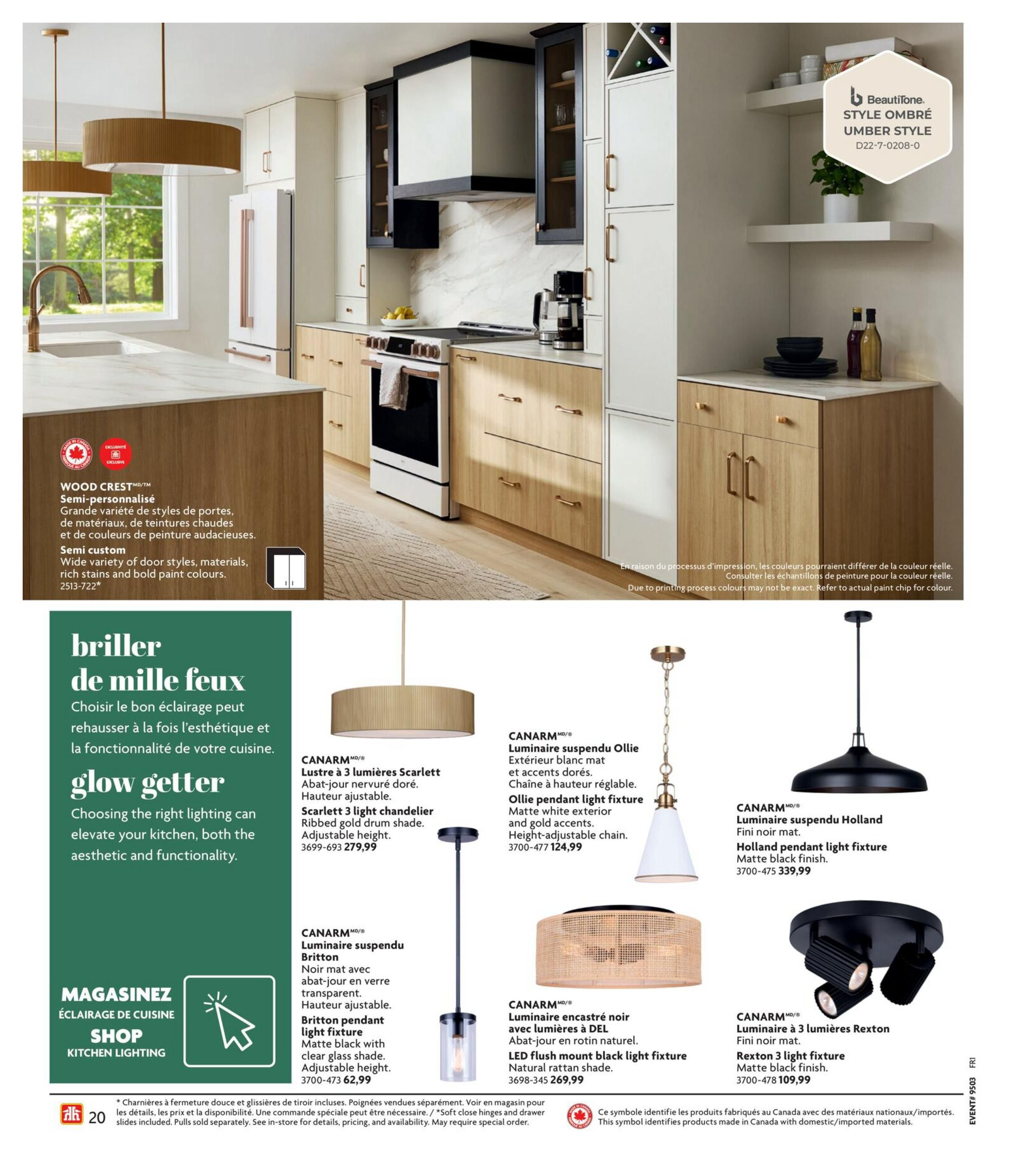 Home Hardware Kitchen and Bath Catalogue, Page 20. Features a section on 'Choosing the right lighting' for your kitchen. Showcases various CANARM light fixtures including the Scarlett 3 light chandelier with a gold drum shade for $279.99, the Ollie pendant light fixture with a matte white exterior and gold accents for $124.99, the Holland pendant light fixture with a matte black finish for $339.99, the Britton pendant light fixture with a matte black finish and clear glass shade for $62.99, the LED flush mount black light fixture with natural rattan shade for $269.99, and the Rexton 3 light fixture with a matte black finish for $109.99. Also features WOOD CREST Semi-custom cabinetry with a wide variety of door styles, materials, rich stains, and bold paint colours. Includes a 'Shop Kitchen Lighting' call to action. Products made in Canada are identified with a maple leaf symbol.