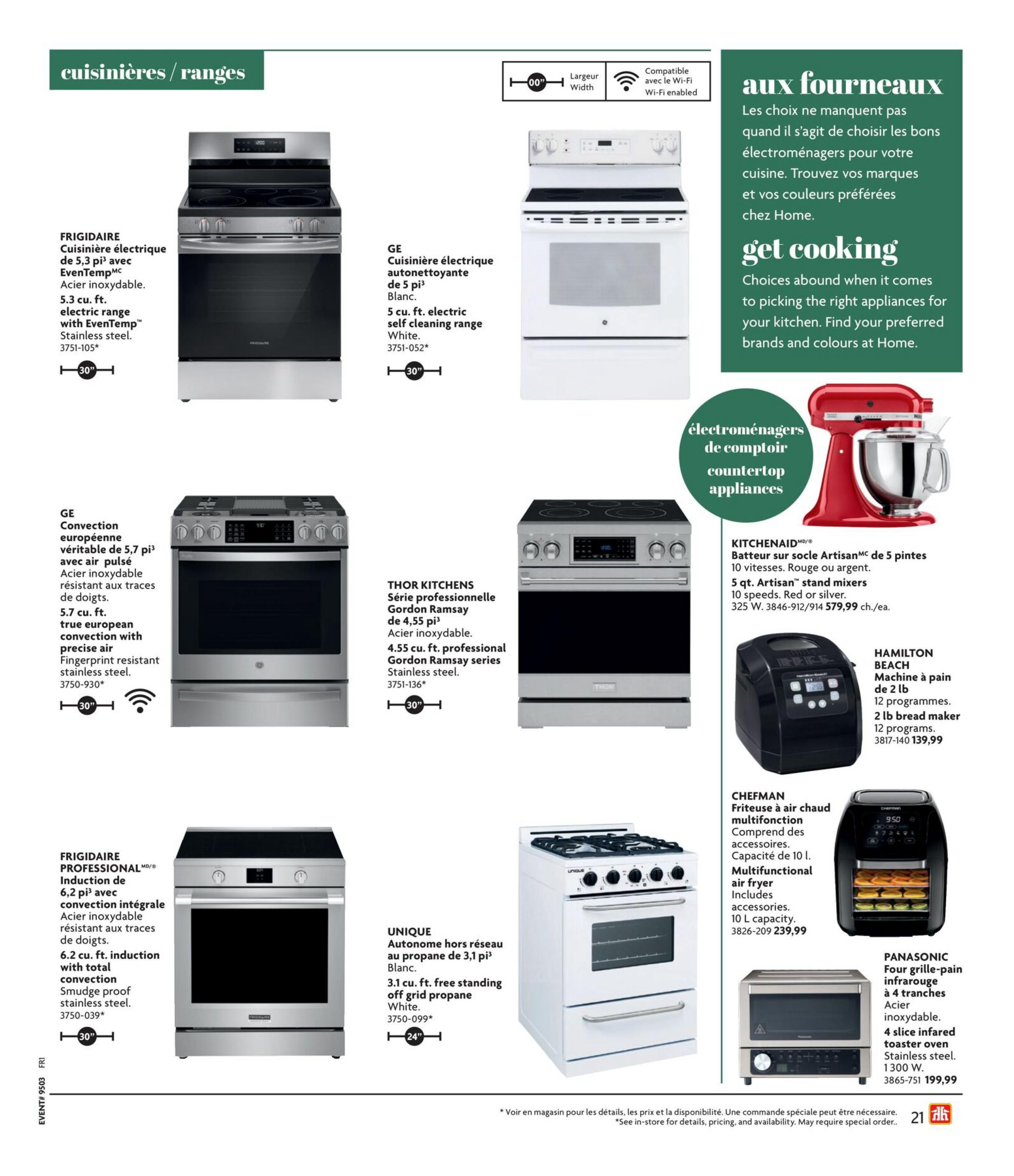 Home Hardware Kitchen and Bath Catalogue, Page 21. Features a selection of kitchen appliances. Includes a Frigidaire 5.3 cu. ft. electric range with EvenTemp and stainless steel finish for $30' wide. A GE 5 cu. ft. self-cleaning electric range in white, 30' wide. A GE 5.7 cu. ft. convection range with precise air in fingerprint-resistant stainless steel, 30' wide. A THOR KITCHENS 4.55 cu. ft. professional Gordon Ramsay series stainless steel range, 30' wide. A UNIQUE 3.1 cu. ft. free-standing off-grid propane range in white, 24' wide. Also features countertop appliances: a KITCHENAID Artisan 5-quart stand mixer in red or silver for $579.99, a CHEFMAN 10L multifunctional air fryer with accessories for $239.99, a HAMILTON BEACH 2 lb bread maker with 12 programs for $139.99, and a PANASONIC 4-slice infrared toaster oven in stainless steel, 1300 W, for $199.99. The page includes a 'Get Cooking' section encouraging customers to find their preferred brands and colours at Home Hardware.