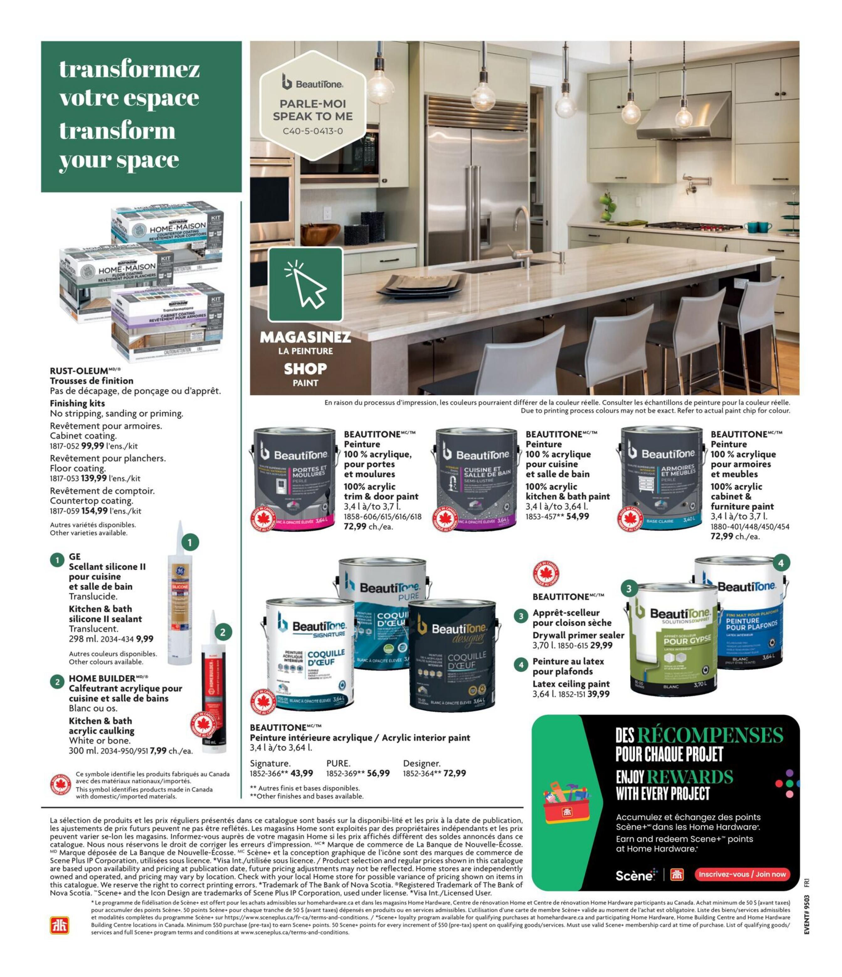 Home Hardware Quebec Kitchen and Bath Catalogue, Page 24. Features Rust-Oleum Home Maison finishing kits for countertops and cabinets, with no stripping, sanding, or priming required. Cabinet coating kit is $99.99 and floor coating kit is $139.99. Also available are GE Kitchen & Bath Silicone II sealant in translucent for $9.99 and Home Builder Kitchen & Bath acrylic caulking in white or bone for $7.99 each. The page showcases various BeautiTone paints including 100% acrylic trim & door paint for $72.99 each, 100% acrylic kitchen & bath paint for $54.99 each, 100% acrylic cabinet & furniture paint for $72.99 each, BeautiTone Pure acrylic interior paint for $56.99, BeautiTone Designer acrylic interior paint for $72.99, BeautiTone drywall primer sealer for $29.99, and BeautiTone ceiling paint for $39.99. A section on 'Enjoy Rewards with Every Project' promotes earning and redeeming Scene+ points at Home Hardware. Includes a 'Made in Canada' symbol on select products.