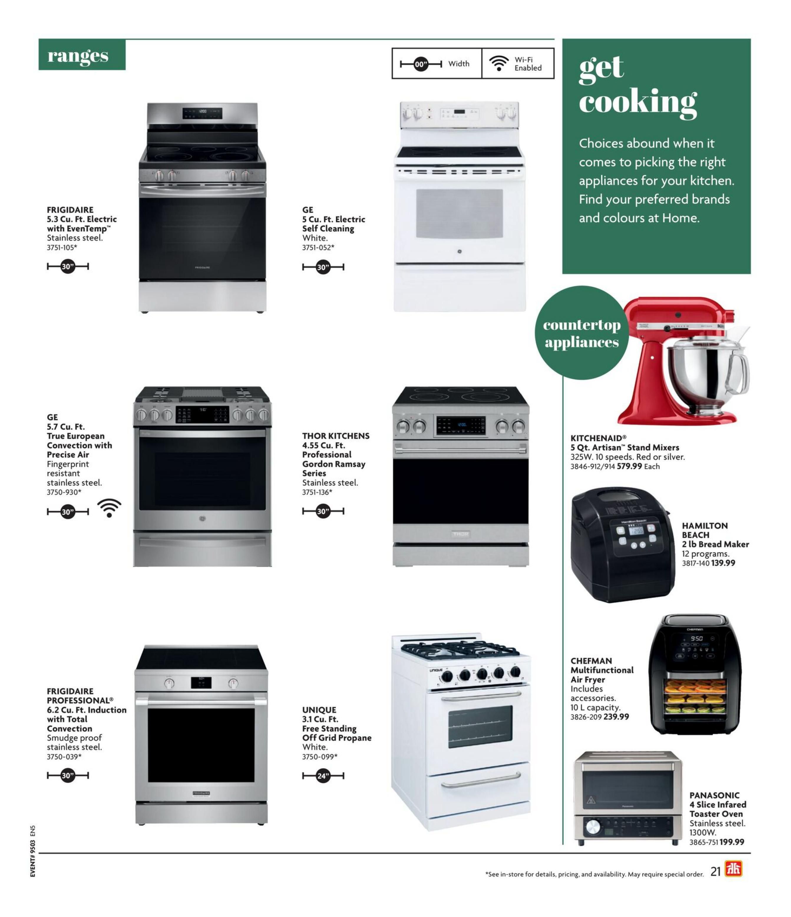 Home Hardware British Columbia flyer, page 21, featuring ranges and countertop appliances. Products include: FRIGIDAIRE 5.3 Cu. Ft. Electric Range with EvenTemp in stainless steel for $3751-105*; GE 5 Cu. Ft. Electric Range with Self-Cleaning in white for $3751-052*; THOR KITCHENS 4.55 Cu. Ft. Professional Gordon Ramsay Series Range in stainless steel for $3751-136*; FRIGIDAIRE PROFESSIONAL® 6.2 Cu. Ft. Induction Range with Total Convection and smudge-proof stainless steel for $3750-039*; UNIQUE 3.1 Cu. Ft. Free Standing Off Grid Propane Range in white for $3750-099*. Countertop appliances include: KITCHENAID® 5 Qt. Artisan™ Stand Mixers in red or silver for $579.99 each; HAMILTON BEACH 2 lb Bread Maker with 12 programs for $139.99; CHEFMAN Multifunctional Air Fryer with 10 L capacity for $239.99; and PANASONIC 4 Slice Infrared Toaster Oven in stainless steel, 1300W for $199.99. The page also features a 'Get Cooking' section with text about choosing kitchen appliances.
