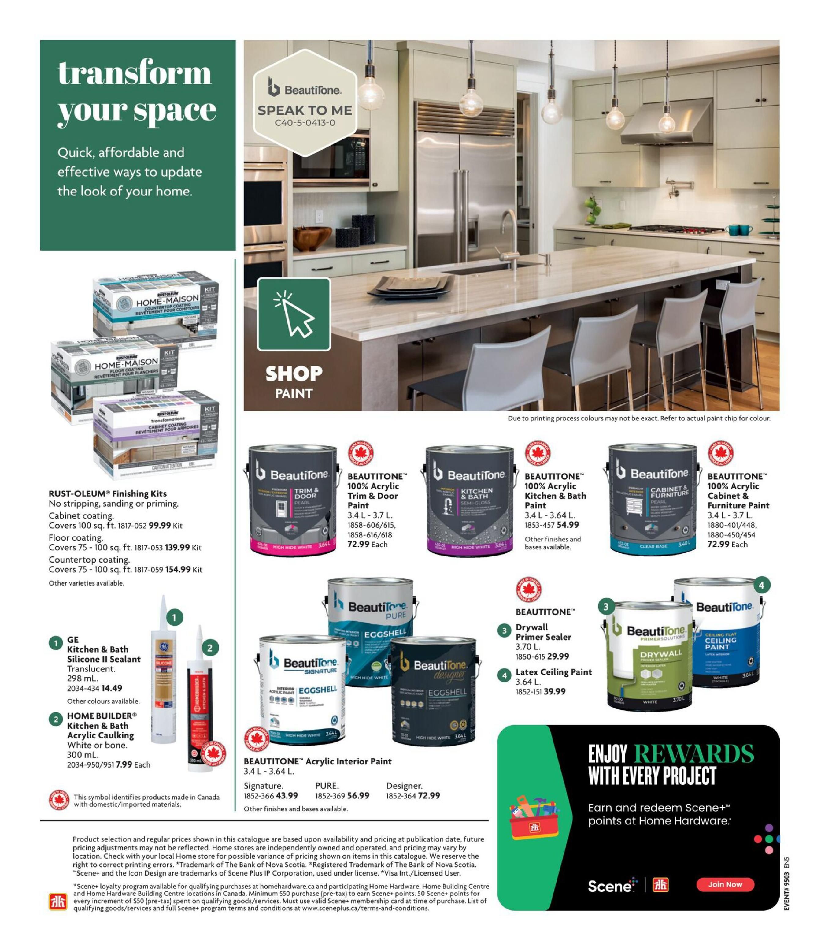 Home Hardware British Columbia flyer, page 24. Featured products include RUST-OLEUM Finishing Kits for cabinets, floors, and countertops, with prices ranging from $99.99 to $154.99 per kit. Also available are GE Kitchen & Bath Silicone II Sealant in Translucent for $14.49 and HOME BUILDER Kitchen & Bath Acrylic Caulking in White or Bone for $7.99. The page showcases various BeautiTone paints, including 100% Acrylic Trim & Door Paint for $72.99 each, 100% Acrylic Kitchen & Bath Paint for $54.99, and 100% Acrylic Cabinet & Furniture Paint for $72.99 each. BeautiTone also offers Acrylic Interior Paint in Pure for $43.99 and Designer for $72.99. Other BeautiTone paints include Drywall Primer Sealer for $29.99 and Latex Ceiling Paint for $39.99. The flyer highlights 'transform your space' with quick, affordable, and effective ways to update your home, and promotes earning Scene+ points with every project at Home Hardware.