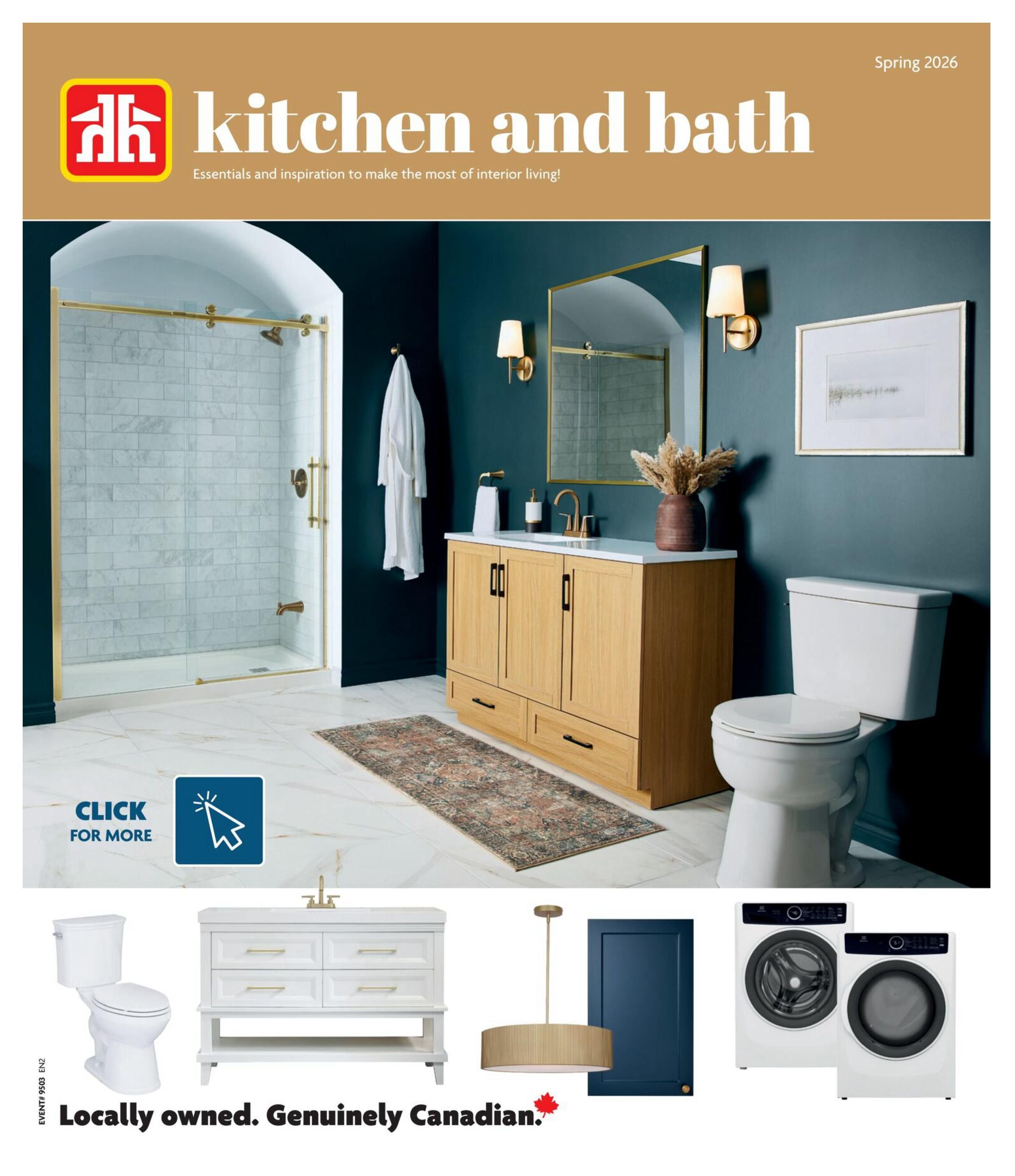 Home Hardware Kitchen and Bath catalogue for Spring 2026. This page showcases a modern bathroom with a walk-in shower featuring marble tiles and gold fixtures, a vanity with a white countertop and wooden cabinets, a toilet, and a decorative rug. Also featured are a white toilet, a white vanity with gold handles, a pendant light, a navy blue cabinet door, and a white washer and dryer set. The text 'Locally owned. Genuinely Canadian.' is displayed prominently.