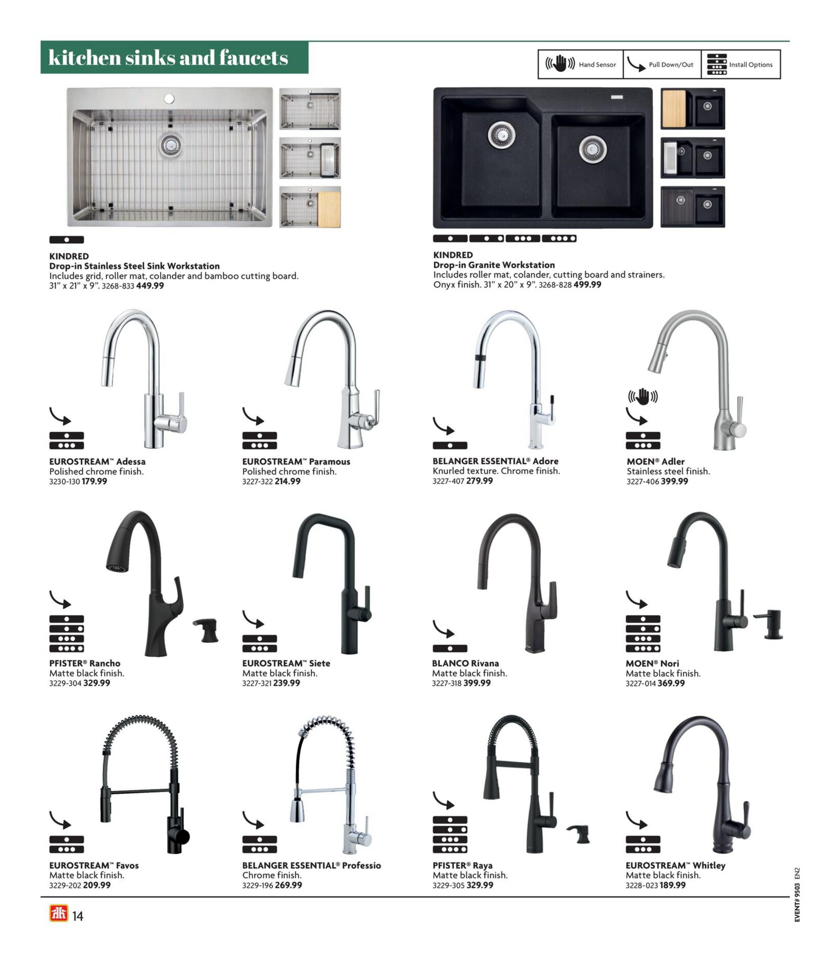 Home Hardware Atlantic flyer page 14 features kitchen sinks and faucets. The page showcases the KINDRED Drop-in Stainless Steel Sink Workstation for $449.99, including a grid, roller mat, colander, and bamboo cutting board. Also featured is the KINDRED Drop-in Granite Workstation in Onyx finish for $499.99, with roller mat, colander, and strainers. Several faucets are displayed: EUROSTREAM Adessa Polished chrome finish for $179.99, EUROSTREAM Paramous Polished chrome finish for $214.99, BELANGER ESSENTIAL Adore Knurled texture Chrome finish for $279.99, and MOEN Adler Stainless steel finish for $399.99. Additional faucets include PFISTER Rancho Matte black finish for $329.99, EUROSTREAM Siete Matte black finish for $239.99, BLANCO Rivana Matte black finish for $399.99, MOEN Nori Matte black finish for $369.99, EUROSTREAM Favos Matte black finish for $209.99, BELANGER ESSENTIAL Professio Chrome finish for $269.99, PFISTER Raya Matte black finish for $329.99, and EUROSTREAM Whitley Matte black finish for $189.99. Icons indicate features like Hand Sensor, Pull Down/Out, and Install Options for some models.