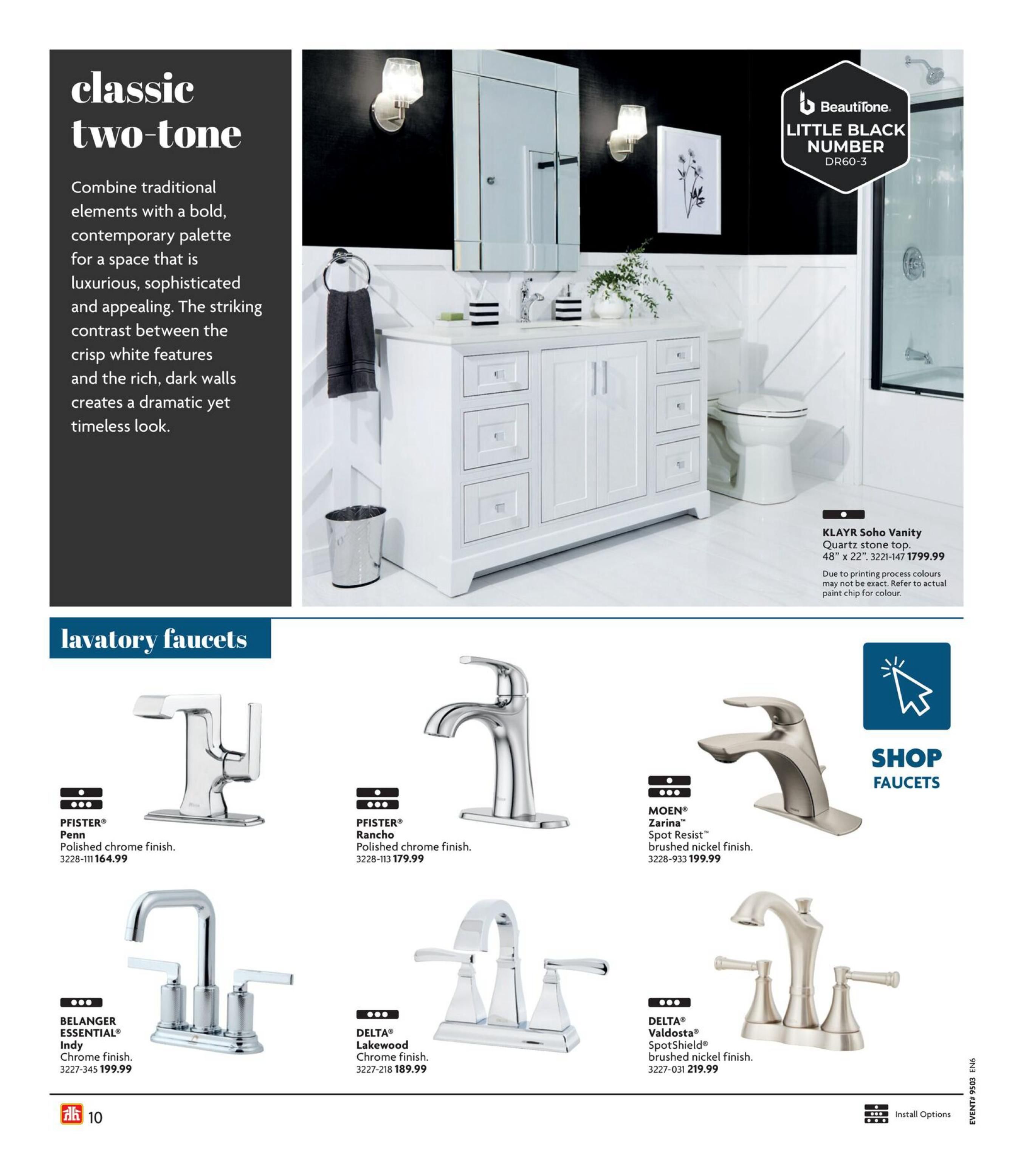Home Hardware Kitchen and Bath Catalogue Page 10 features a 'classic two-tone' design inspiration with a white vanity, toilet, and mirror set against dark walls. It showcases the KLAYR Soho Vanity with a quartz stone top, measuring 48' x 22', priced at $1799.99. The page also highlights various lavatory faucets including the PFISTER Penn in polished chrome for $164.99, the PFISTER Rancho in polished chrome for $179.99, the MOEN Zarina SpotResist brushed nickel finish for $199.99, the BELANGER ESSENTIAL Indy in chrome finish for $199.99, the DELTA Lakewood Chrome finish for $189.99, and the DELTA Valdosta SpotShield brushed nickel finish for $219.99. A 'Shop Faucets' call to action is also visible.