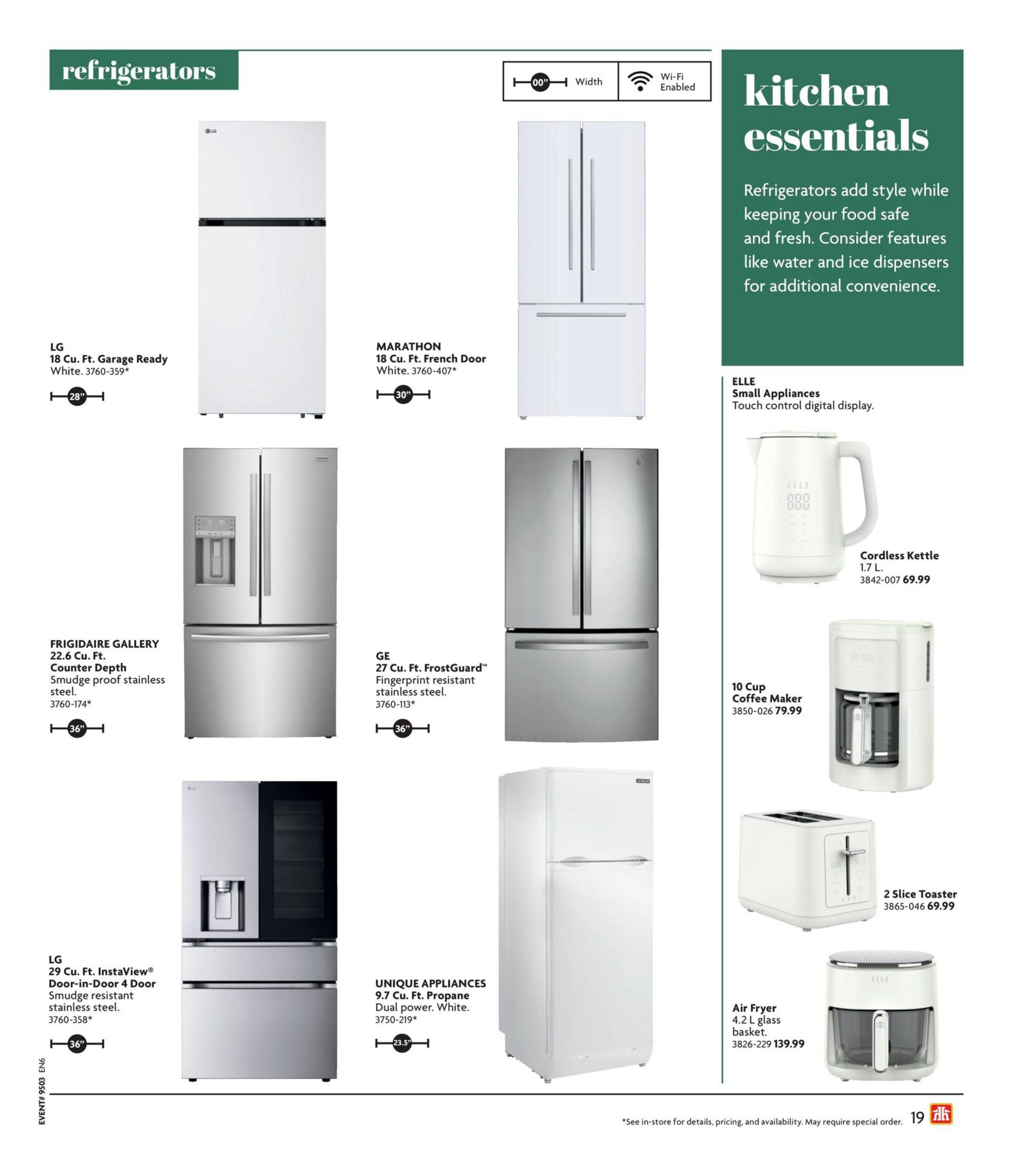 Home Hardware flyer page featuring refrigerators and kitchen essentials. Refrigerators include LG 18 Cu. Ft. Garage Ready in white for $28, Marathon 18 Cu. Ft. French Door in white for $30, Frigidaire Gallery 22.6 Cu. Ft. Counter Depth in smudge-proof stainless steel for $36, GE 27 Cu. Ft. FrostGuard in fingerprint-resistant stainless steel for $36, and LG 29 Cu. Ft. InstaView Door-in-Door 4 Door in smudge-resistant stainless steel for $36. Also featured is a UNIQUE APPLIANCES 9.7 Cu. Ft. Dual power propane refrigerator in white for $23.5. Kitchen essentials include an ELLE Cordless Kettle 1.7 L for $69.99, an ELLE 10 Cup Coffee Maker for $79.99, a 2 Slice Toaster for $69.99, and an ELLE Air Fryer with a 4.2 L glass basket for $139.99. Note: See in-store for details, pricing, and availability. May require special order.