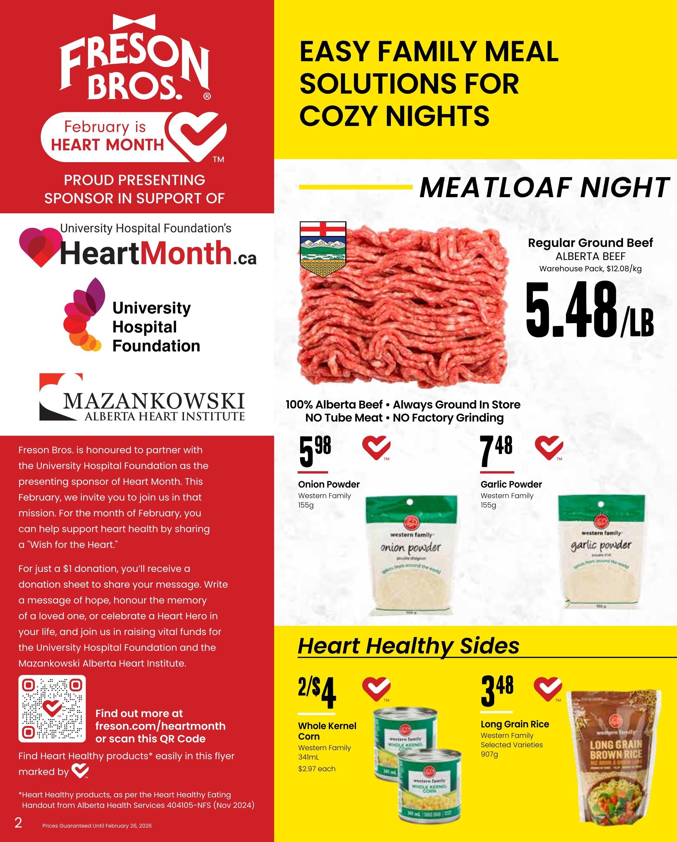 Freson Bros. flyer page 2 features 'Easy Family Meal Solutions for Cozy Nights' and 'Meatloaf Night'. Regular Ground Beef from Alberta is on sale for $5.48/lb. Also featured are Western Family Onion Powder for $5.98 and Western Family Garlic Powder for $7.48. For 'Heart Healthy Sides', Western Family Whole Kernel Corn (341mL) is 2 for $4, with individual cans priced at $2.97 each. Western Family Long Grain Rice (907g) in selected varieties is $3.48. The page also highlights Freson Bros.' sponsorship of University Hospital Foundation's Heart Month, encouraging donations with a QR code and website link for more information on Heart Healthy products.