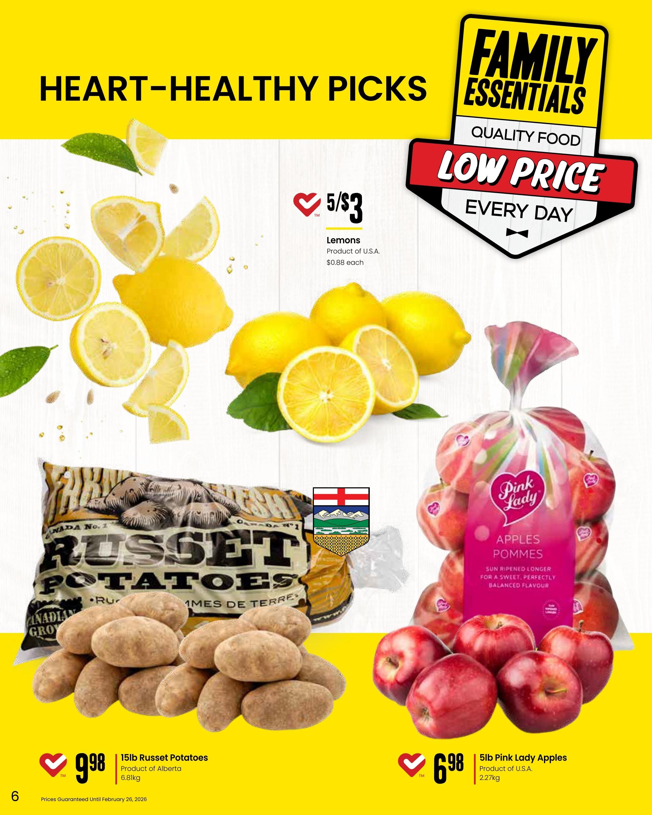 Freson Bros. flyer page 6 features 'Heart-Healthy Picks' with 'Family Essentials' and 'Low Price Every Day' branding. Featured items include 5 Lemons for $3 (or $0.88 each), Product of U.S.A. Also available are 15lb Russet Potatoes, Product of Alberta, for $9.98, and 5lb Pink Lady Apples, Product of U.S.A. (2.27kg), for $6.98. Prices are guaranteed until February 26, 2026.