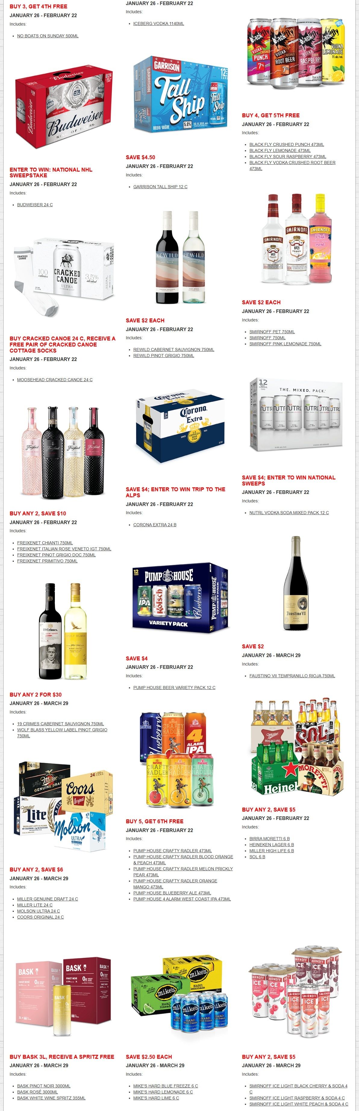 Alcool NB Liquor flyer specials page 2, featuring various beverage deals from January 26 to March 29. Offers include Budweiser 24 C with a chance to enter the National NHL Sweepstake, Garrison Tall Ship 12 C for $4.50 off, and Black Fly crushed punch, lemonade, sour raspberry, and vodka crushed root beer 473ml with a buy 4 get 5th free deal. Also featured are Cracked Canoe 24 C with a free pair of socks, Rewild Cabernet Sauvignon 750ml and Rewild Pinot Grigio 750ml for $2 off each, and Smirnoff Pet 750ml, Smirnoff 750ml, and Smirnoff Pink Lemonade 750ml for $2 off each. Freixenet Chianti 750ml, Freixenet Italian Rose Veneto IGT 750ml, Freixenet Pinot Grigio DOC 750ml, and Freixenet Primitivo 750ml are available buy 2, save $10. Corona Extra 24 B is on sale for $4 off and enter to win a trip to the Alps. Nutrl Vodka Soda Mixed Pack 12 C is also $4 off and enter to win a national sweepstake. Pump House Beer Variety Pack 12 C is $4 off. Faustino VII Tempranillo Rioja 750ml is $2 off. Miller Genuine Draft 24 C, Miller Lite 24 C, Molson Ultra 24 C, and Coors Original 24 C are part of a buy any 2, save $6 deal. Pump House Crafty Radler 473ml, Pump House Crafty Radler Blood Orange & Peach 473ml, Pump House Crafty Radler Melon Prickly Pear 473ml, Pump House Crafty Radler Orange Mango 473ml, and Pump House 4 Alarm West Coast IPA 473ml are buy 5, get 6th free. Birra Moretti 6 B, Heineken Lager 6 B, Miller High Life 6 B, and Sol 6 B are buy any 2, save $5. Bask Pinot Noir 3000ml, Bask Rosé 3000ml, and Bask White Wine Spritz 355ml are buy 3L, receive a spritz free. Mike's Hard Blue Freeze 6 C, Mike's Hard Lemonade 6 C, and Mike's Hard Lime 6 C are $2.50 off each. Smirnoff Ice Light Black Cherry & Soda 4 C, Smirnoff Ice Light Raspberry & Soda 4 C, and Smirnoff Ice Light White Peach & Soda 4 C are buy any 2, save $5.