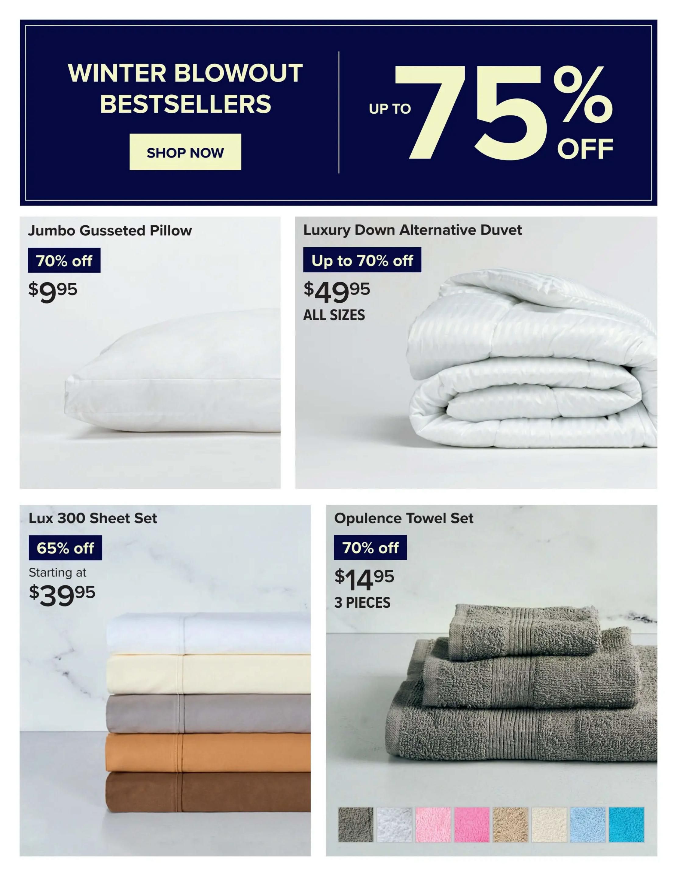 Linen Chest flyer page 2 featuring Winter Blowout Bestsellers with up to 75% off. Featured items include Jumbo Gusseted Pillow at 70% off for $9.95, Luxury Down Alternative Duvet (all sizes) at up to 70% off for $49.95, Lux 300 Sheet Set starting at $39.95 with 65% off, and Opulence Towel Set (3 pieces) at 70% off for $14.95. A 'Shop Now' button is also visible.