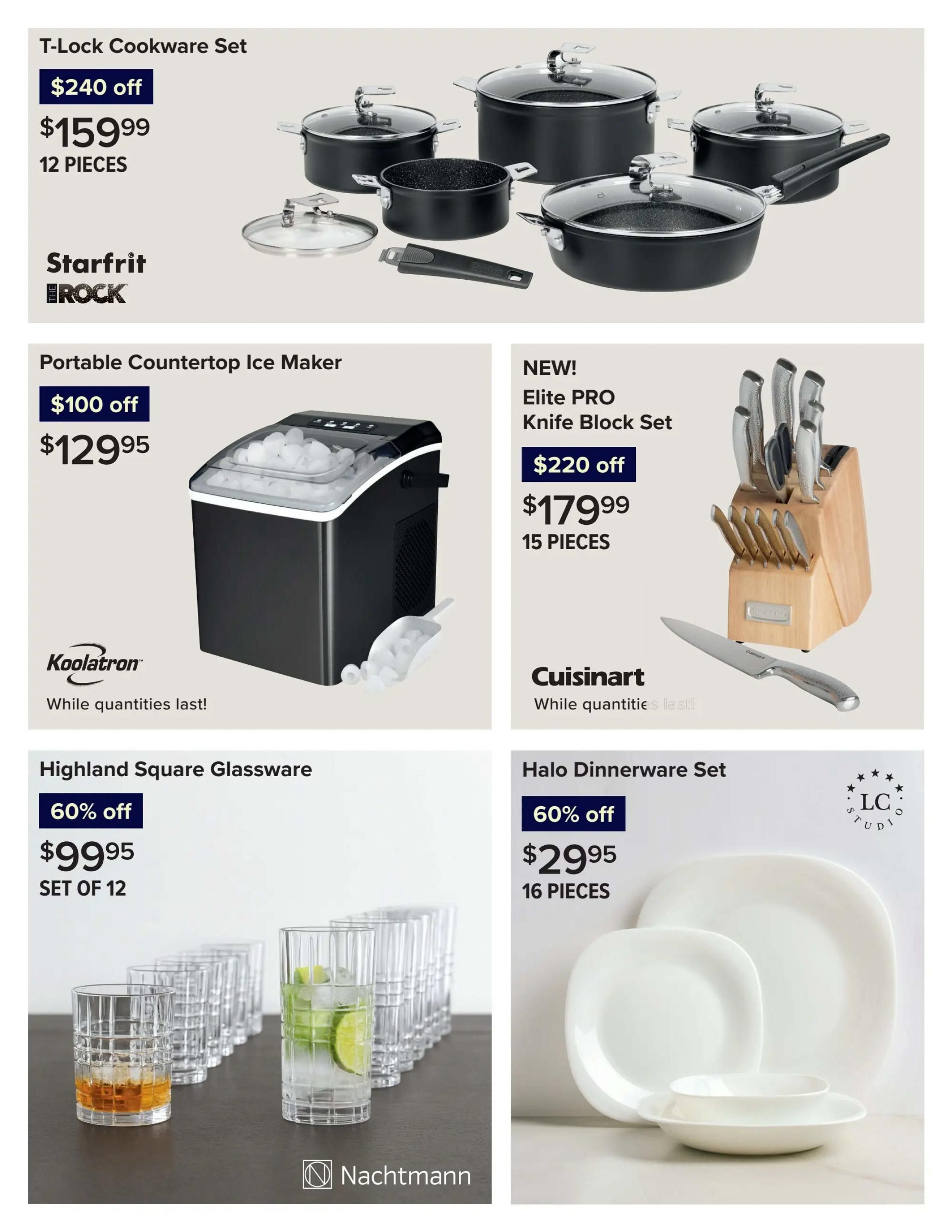 Linen Chest flyer page 3 features a Starfrit T-Lock Cookware Set, originally $240 off, now $159.99 for 12 pieces. Also available is a Koolatron Portable Countertop Ice Maker for $129.95, with $100 off. A NEW Cuisinart Elite PRO Knife Block Set with 15 pieces is on sale for $179.99, down from $220 off. Additionally, Highland Square Glassware sets of 12 are 60% off at $99.95, and the LC Studio Halo Dinnerware Set, 16 pieces, is 60% off for $29.95.