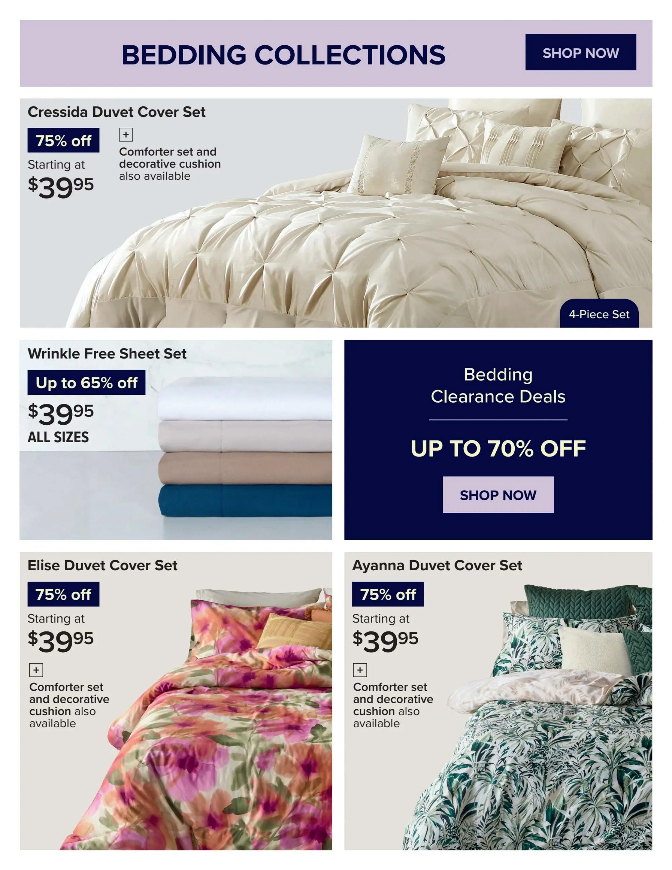 Linen Chest flyer page 4 featuring bedding collections. Offers include the Cressida Duvet Cover Set at 75% off, starting at $39.95, with comforter sets and decorative cushions also available. Wrinkle Free Sheet Sets are available in all sizes, up to 65% off, starting at $39.95. The page also highlights Bedding Clearance Deals with up to 70% off. Additionally, the Elise Duvet Cover Set is 75% off, starting at $39.95, with matching comforter sets and decorative cushions available. The Ayanna Duvet Cover Set is also 75% off, starting at $39.95, with comforter sets and decorative cushions also available.