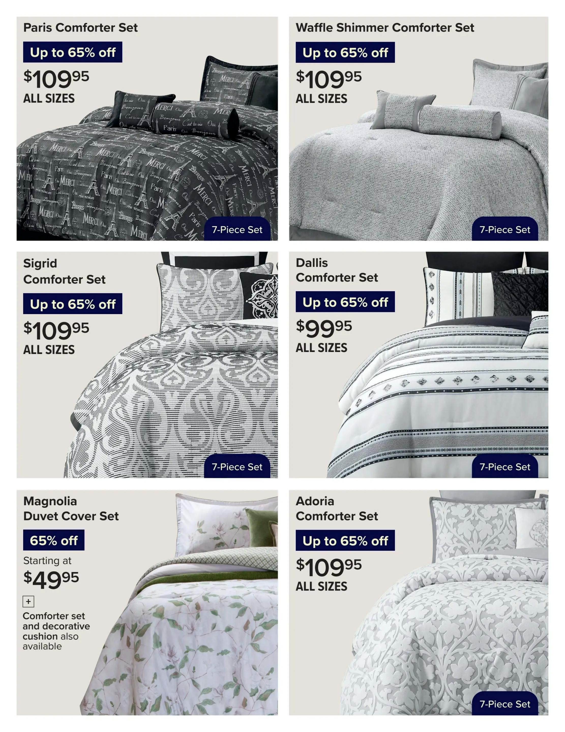 Linen Chest flyer specials page 5 features bedding sets. The Paris Comforter Set is up to 65% off, priced at $109.95 for all sizes, and is a 7-piece set. The Waffle Shimmer Comforter Set is also up to 65% off, priced at $109.95 for all sizes, and is a 7-piece set. The Sigrid Comforter Set is up to 65% off, priced at $109.95 for all sizes, and is a 7-piece set. The Dallis Comforter Set is up to 65% off, priced at $99.95 for all sizes, and is a 7-piece set. The Magnolia Duvet Cover Set is 65% off, starting at $49.95, with comforter sets and decorative cushions also available. The Adoria Comforter Set is up to 65% off, priced at $109.95 for all sizes, and is a 7-piece set.
