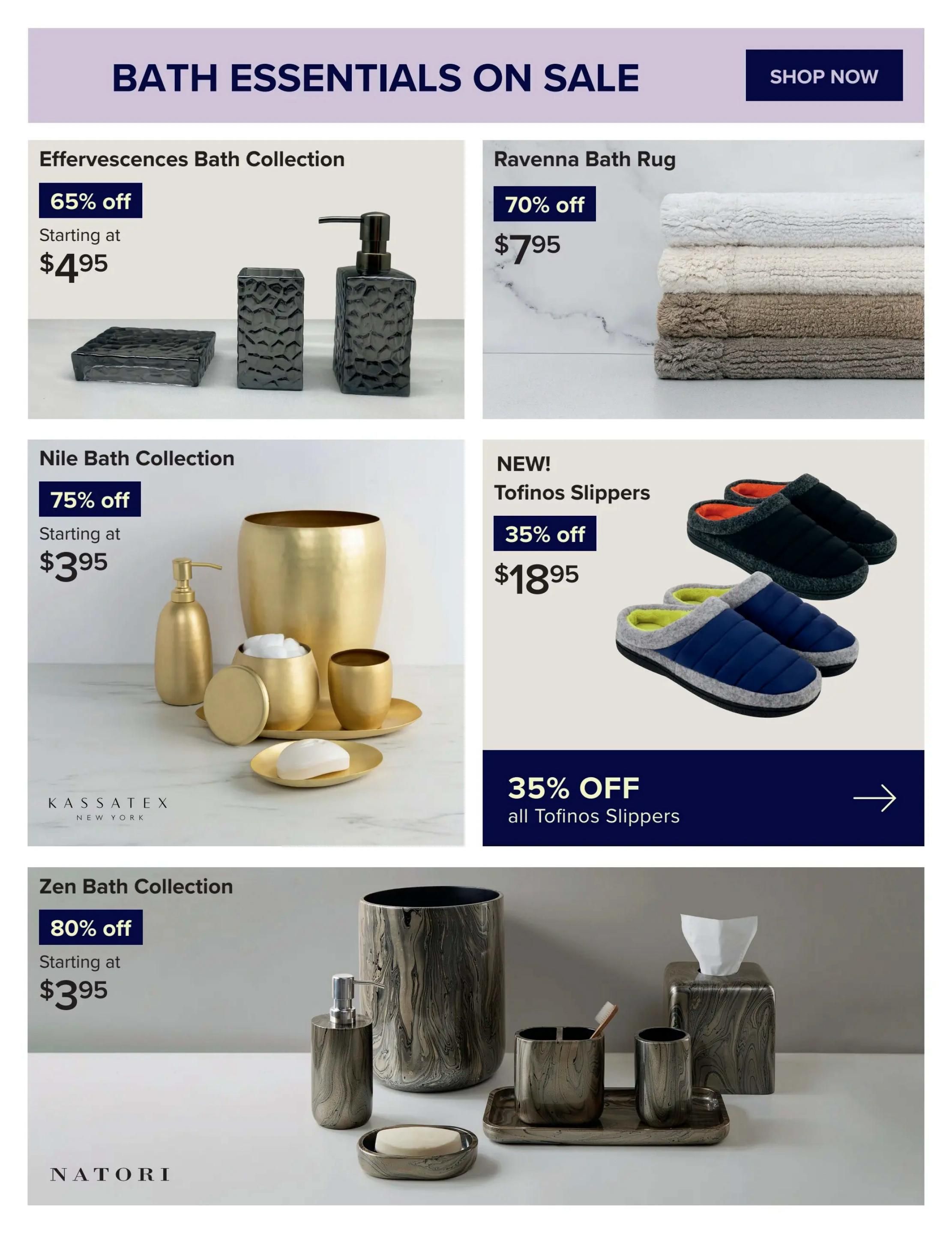 Linen Chest flyer page 6 features Bath Essentials on Sale. The Effervescences Bath Collection is 65% off, starting at $4.95. The Ravenna Bath Rug is 70% off, starting at $7.95. The Nile Bath Collection is 75% off, starting at $3.95. New Tofinos Slippers are 35% off, priced at $18.95. The Zen Bath Collection is 80% off, starting at $3.95.