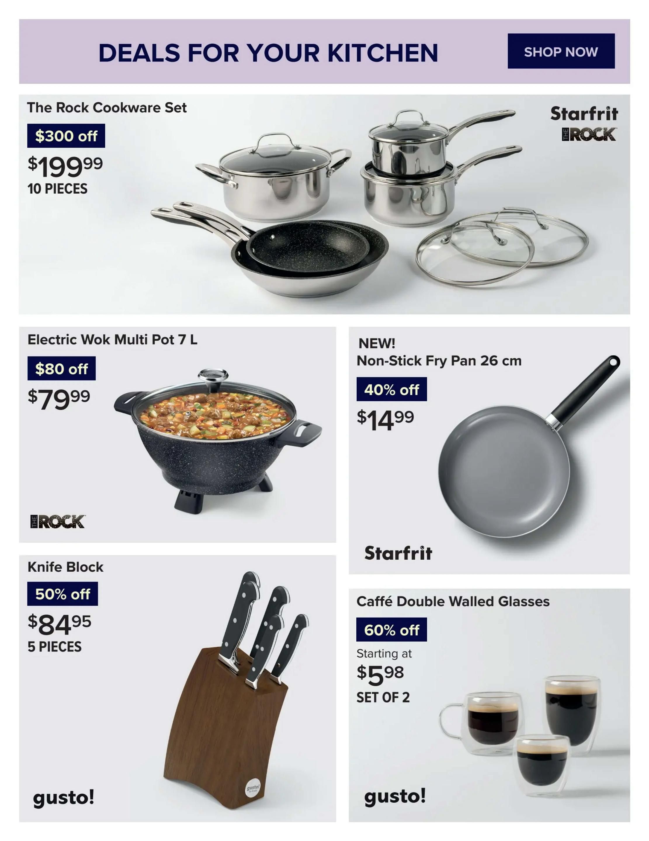 Linen Chest flyer specials page 11 features deals for your kitchen. The Rock Cookware Set is on sale for $199.99, saving $300 on the 10-piece set. An Electric Wok Multi Pot 7 L is available for $79.99, with $80 off. A Knife Block set, including 5 pieces, is 50% off at $84.95. Also featured is a NEW Starfrit Non-Stick Fry Pan, 26 cm, for $14.99 with 40% off. Finally, Caffé Double Walled Glasses are 60% off, starting at $5.98 for a set of 2.