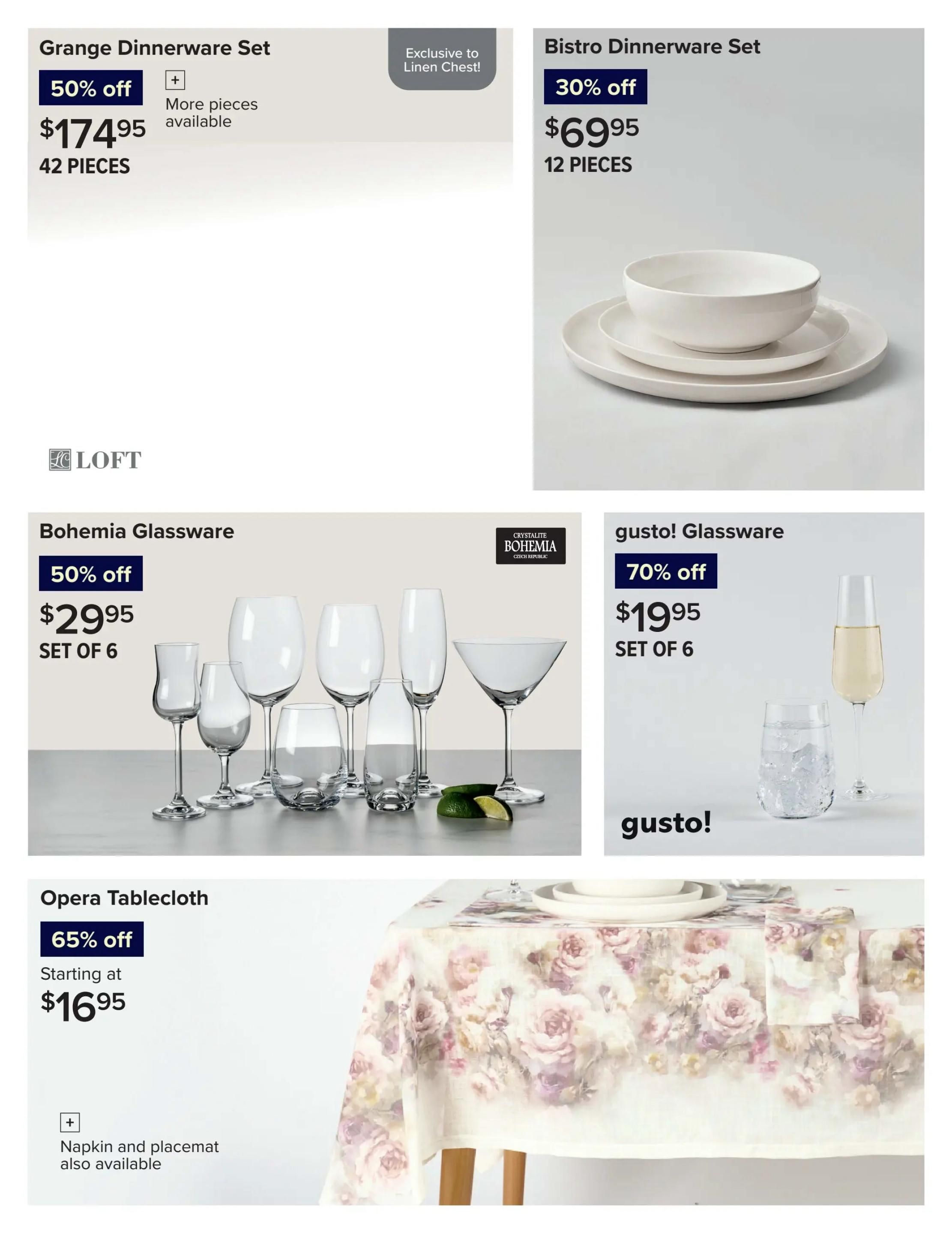 Linen Chest flyer page 12 features dining and glassware specials. The Grange Dinnerware Set is 50% off, priced at $174.95 for a 42-piece set, with more pieces available. The Bistro Dinnerware Set is 30% off, available for $69.95 for a 12-piece set. Bohemia Glassware is 50% off, with a set of 6 priced at $29.95. gusto! Glassware is 70% off, with a set of 6 available for $19.95. The Opera Tablecloth is on sale for 65% off, starting at $16.95, and napkins and placemats are also available.