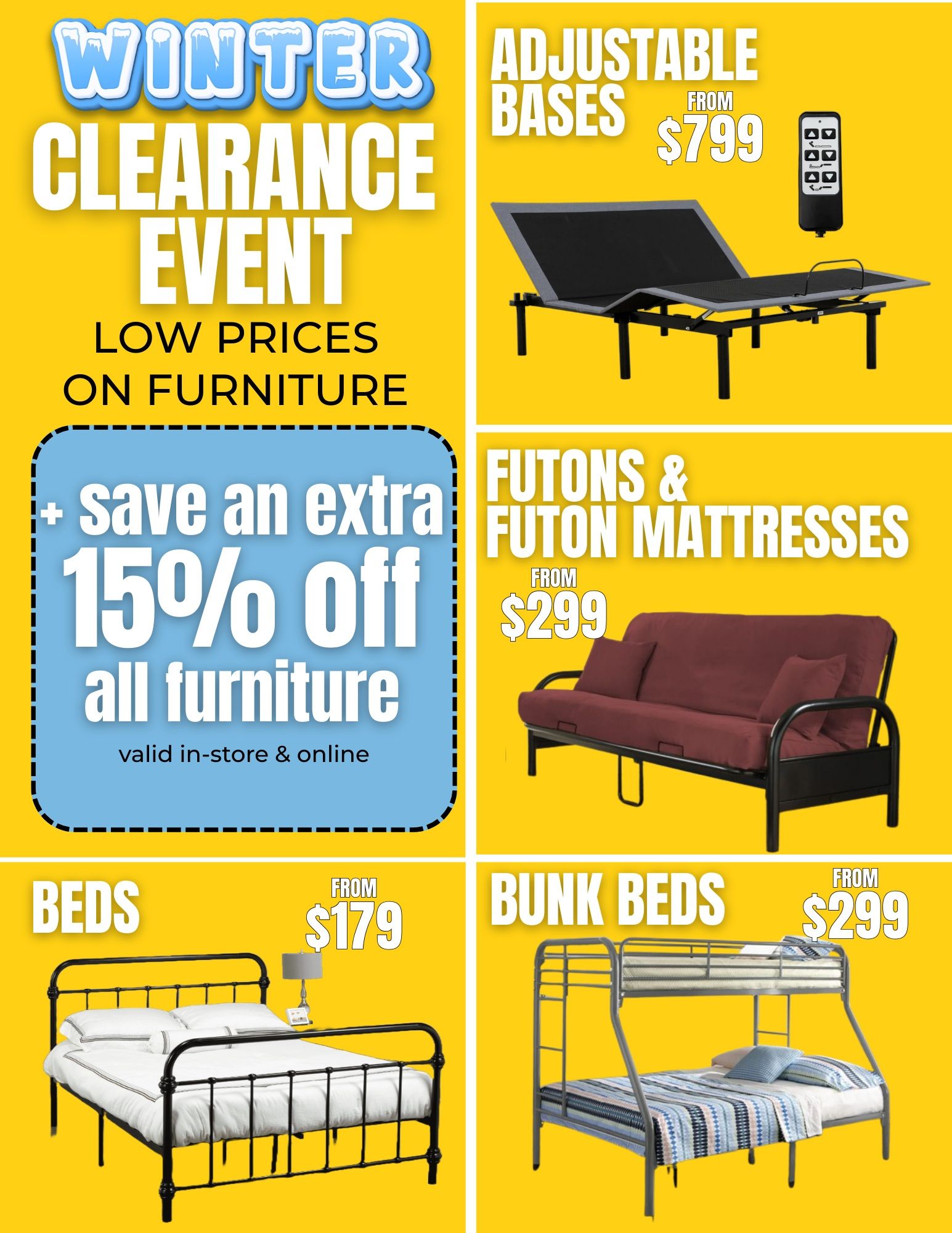 The Sleep Factory Winter Clearance Event flyer, page 6. Features low prices on furniture with an extra 15% off all furniture, valid in-store and online. Offers include adjustable bases from $799, futons and futon mattresses from $299, beds from $179, and bunk beds from $299.