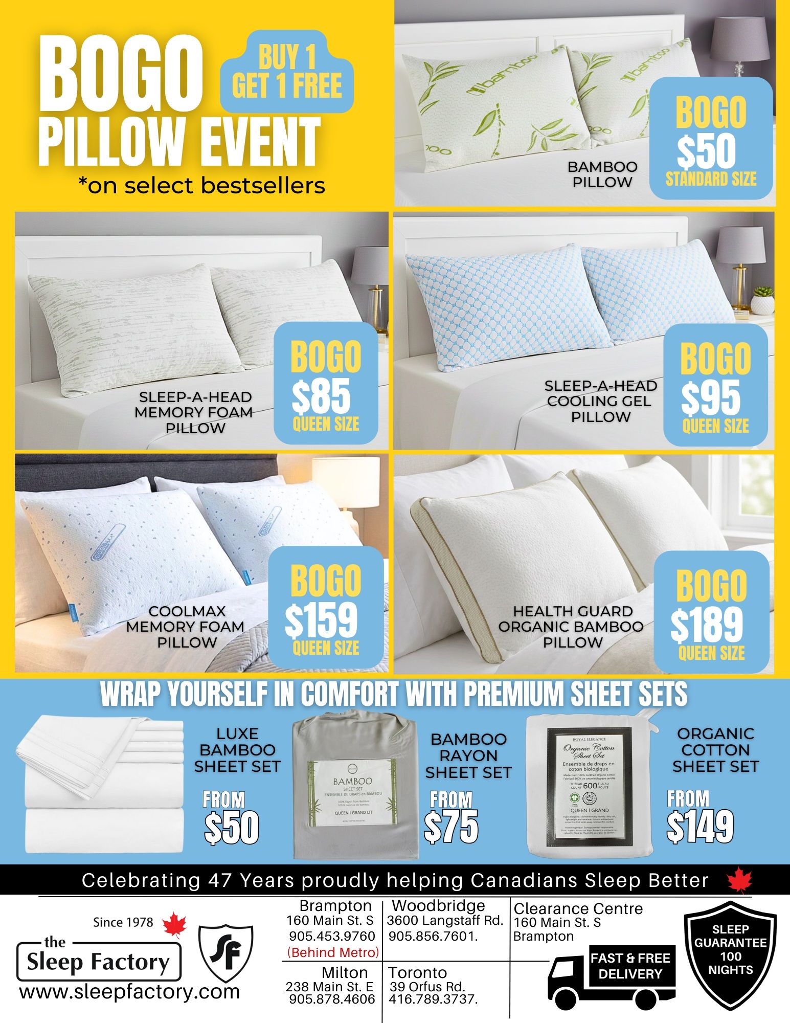 The Sleep Factory Winter Clearance Event flyer, page 7. Featuring a Buy 1 Get 1 Free Pillow Event on select bestsellers. Offers include: Bamboo Pillow, Standard Size, BOGO $50; Sleep-A-Head Memory Foam Pillow, Queen Size, BOGO $85; Sleep-A-Head Cooling Gel Pillow, Queen Size, BOGO $95; Coolmax Memory Foam Pillow, Queen Size, BOGO $159; and Health Guard Organic Bamboo Pillow, Queen Size, BOGO $189. Also promoting premium sheet sets: Luxe Bamboo Sheet Set from $50, Bamboo Rayon Sheet Set from $75, and Organic Cotton Sheet Set from $149. The flyer celebrates 47 years of helping Canadians sleep better and provides store locations and contact information for Brampton, Woodbridge, Milton, and Toronto, along with details on fast & free delivery and a 100-night sleep guarantee.