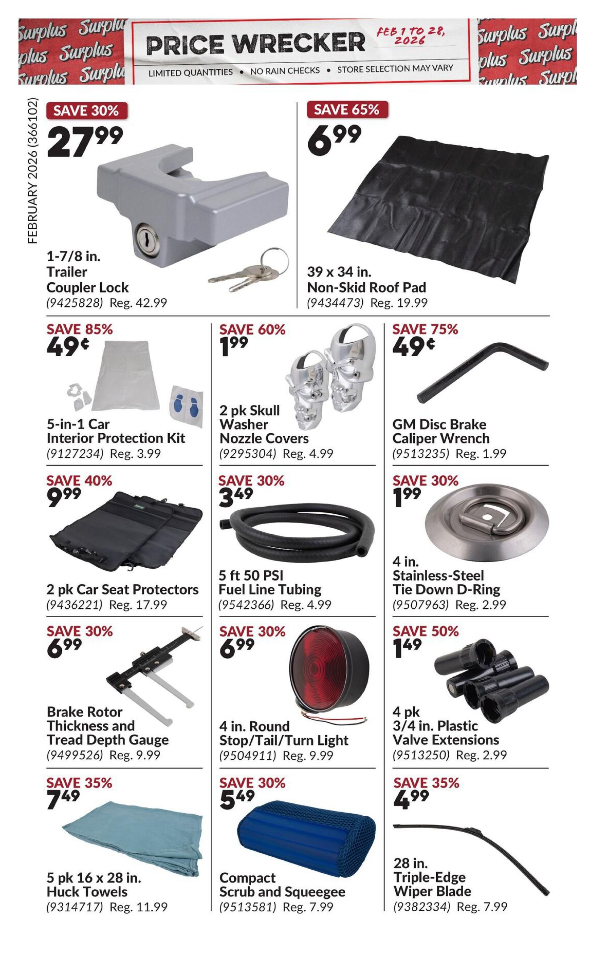 Princess Auto Price Wrecker flyer, page 2. Featured items include a 1-7/8 in. Trailer Coupler Lock for $27.99 (Save 30%), a 39 x 34 in. Non-Skid Roof Pad for $6.99 (Save 65%), 2 pk Skull Washer Nozzle Covers for $1.99 (Save 60%), and a GM Disc Brake Caliper Wrench for $0.49 (Save 75%). Also available are a 5-in-1 Car Interior Protection Kit for $9.99 (Save 40%), 2 pk Car Seat Protectors for $6.99 (Save 30%), 5 ft 50 PSI Fuel Line Tubing for $3.49 (Save 30%), and a 4 in. Stainless-Steel Tie Down D-Ring for $1.99 (Save 30%). Additional deals include a Brake Rotor Thickness and Tread Depth Gauge for $7.49 (Save 35%), a 4 in. Round Stop/Tail/Turn Light for $6.99 (Save 30%), 4 pk 3/4 in. Plastic Valve Extensions for $1.49 (Save 50%), 5 pk 16 x 28 in. Huck Towels for $7.49 (Save 35%), a Compact Scrub and Squeegee for $5.49 (Save 30%), and a 28 in. Triple-Edge Wiper Blade for $4.99 (Save 35%).