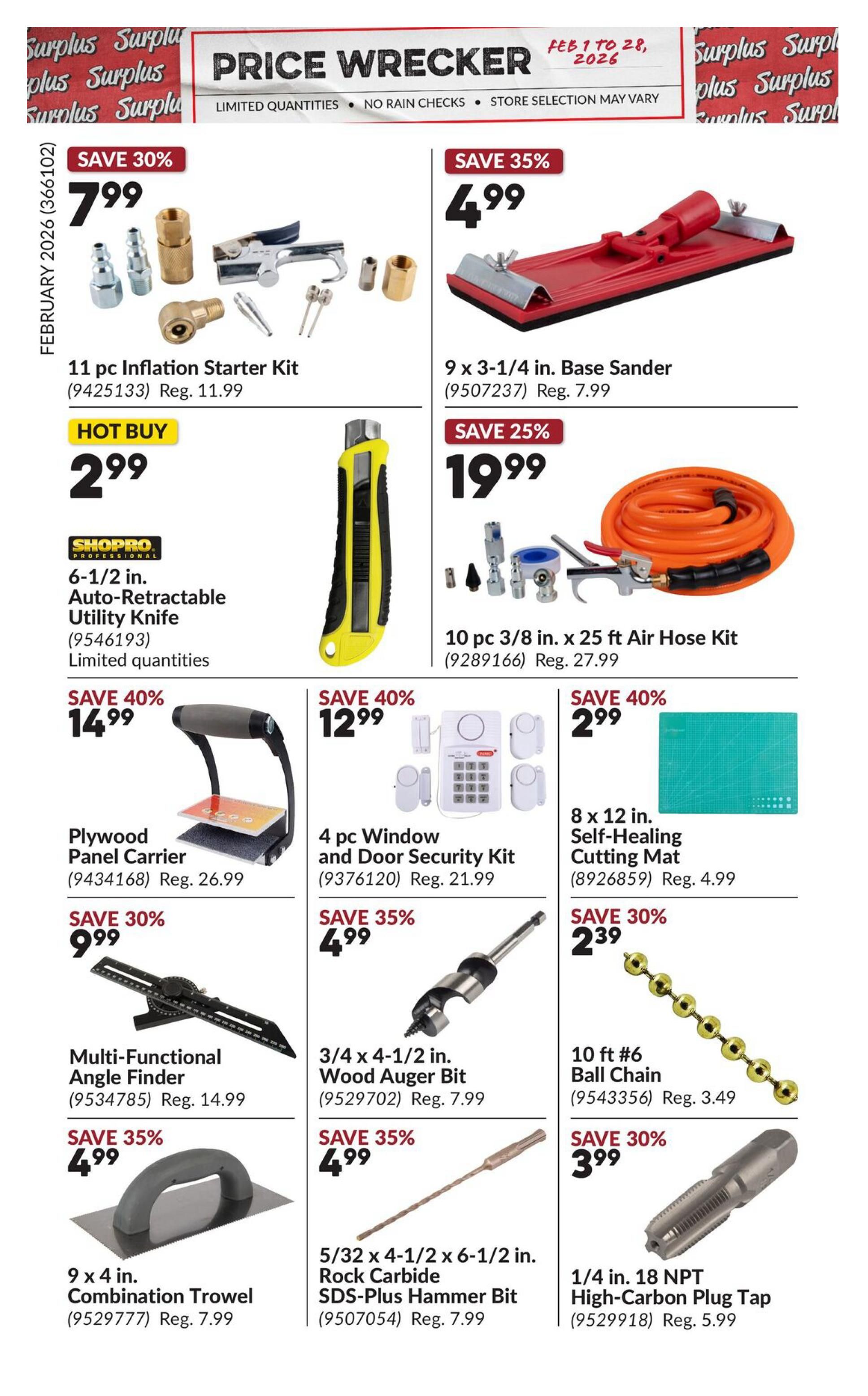Princess Auto Price Wrecker flyer, page 8. Featured items include a 11 pc Inflation Starter Kit for $7.99 (Save 30%, Reg. $11.99), a 9 x 3-1/4 in. Base Sander for $4.99 (Save 35%, Reg. $7.99), and a 6-1/2 in. Auto-Retractable Utility Knife (Hot Buy) for $2.99 with limited quantities. Also available are a Plywood Panel Carrier for $14.99 (Save 40%, Reg. $26.99), a 4 pc Window and Door Security Kit for $12.99 (Save 40%, Reg. $21.99), and an 8 x 12 in. Self-Healing Cutting Mat for $2.99 (Reg. $4.99). Additional deals include a Multi-Functional Angle Finder for $9.99 (Save 30%, Reg. $14.99), a 10 pc 3/8 in. x 25 ft Air Hose Kit for $19.99 (Save 25%, Reg. $27.99), a 3/4 x 4-1/2 in. Wood Auger Bit for $4.99 (Save 35%, Reg. $7.99), 10 ft #6 Ball Chain for $2.39 (Save 30%, Reg. $3.49), a 9 x 4 in. Combination Trowel for $4.99 (Save 35%, Reg. $7.99), a 5/32 x 4-1/2 x 6-1/2 in. Rock Carbide SDS-Plus Hammer Bit for $4.99 (Save 35%, Reg. $7.99), and a 1/4 in. 18 NPT High-Carbon Plug Tap for $3.99 (Save 30%, Reg. $5.99).